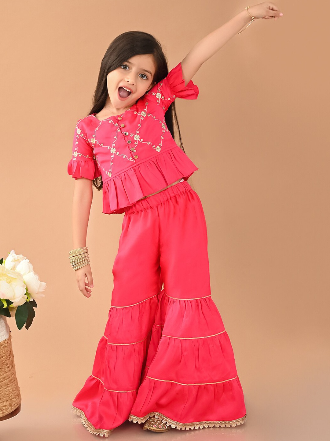 

LilPicks Girls Floral Embroidered Top with Sharara, Pink