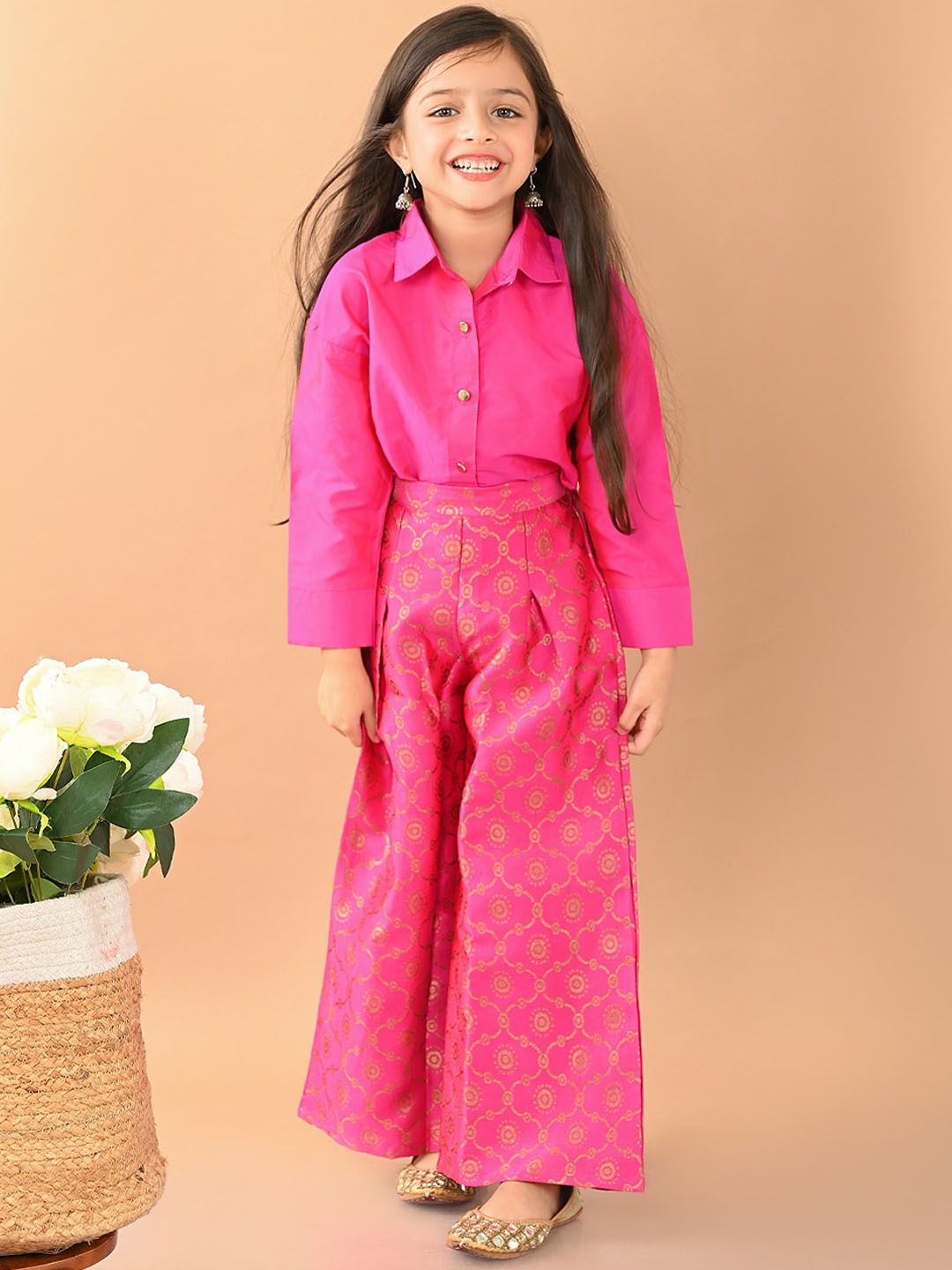 

LilPicks Girls Shirt with Printed Palazzos, Magenta