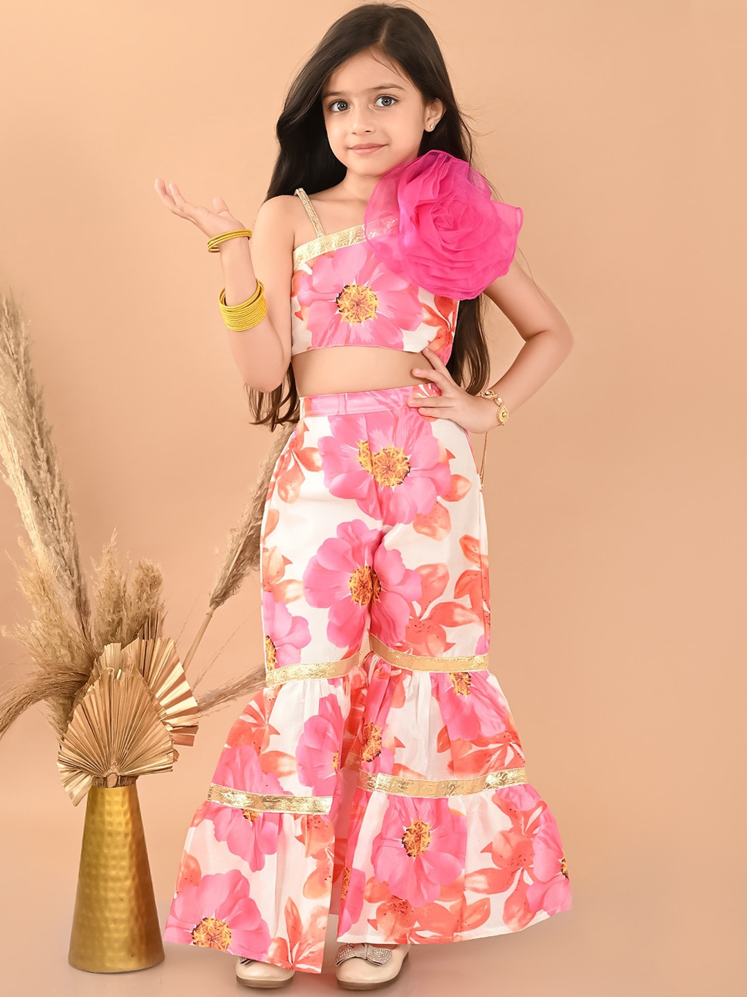 

LilPicks Girls Floral Printed One Shoulder Top with Sharara, White