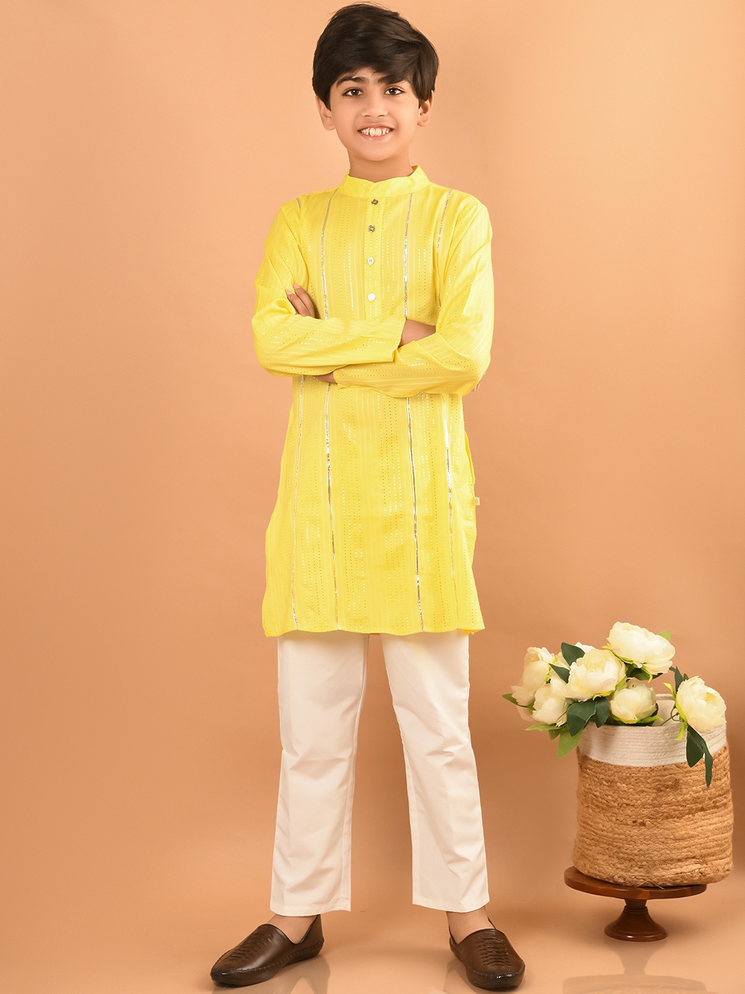 

LilPicks Boys Striped Mandarin Collar Straight Kurta with Pyjamas, Yellow