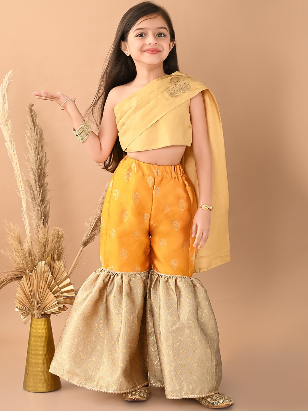 

LilPicks Girls One Shoulder Top With Sharara, Gold