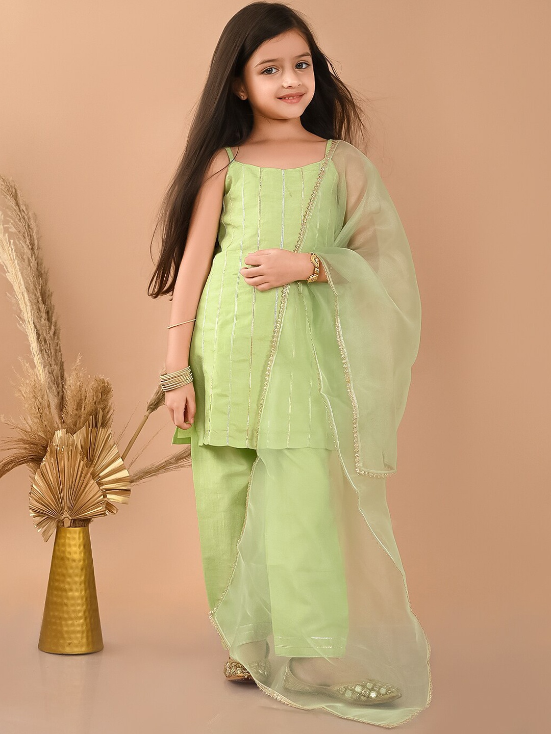 

LilPicks Girls Striped Regular Gotta Patti Kurta With Palazzos & Dupatta, Green