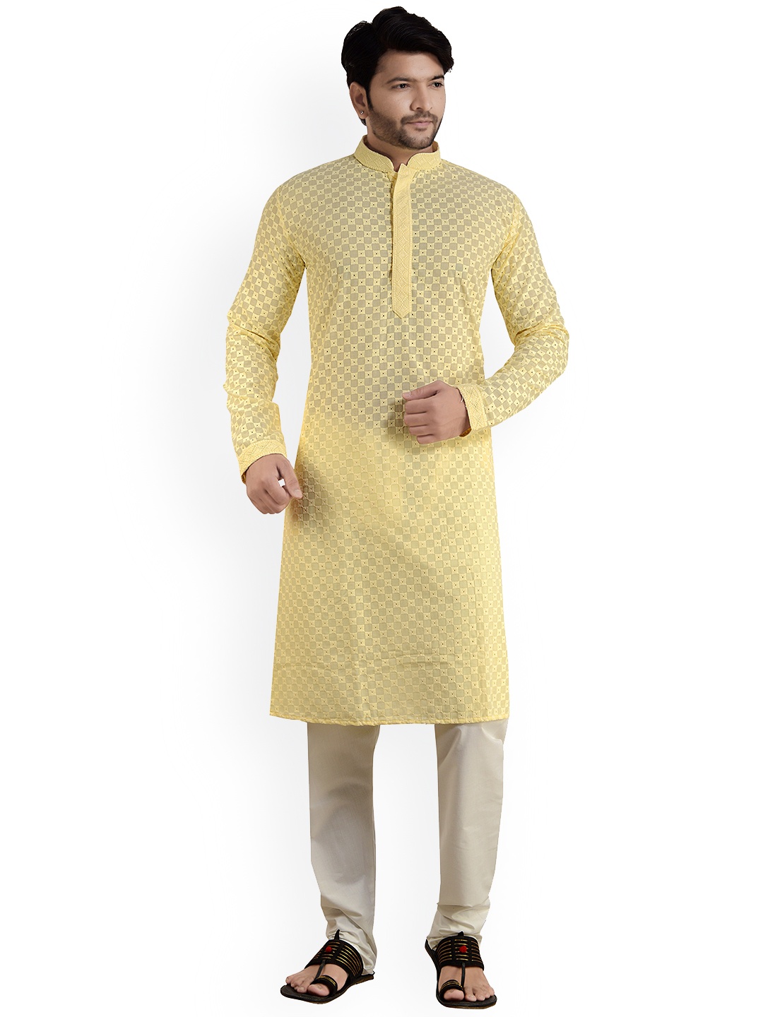 

ARRUGA Geometric Embroidered Regular Kurta With Pyjamas, Yellow