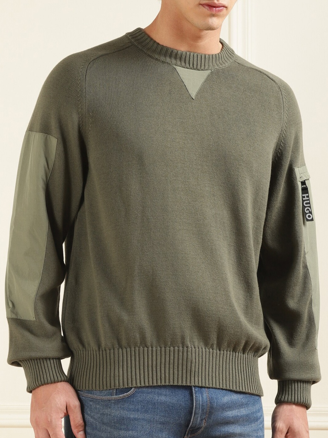 

HUGO Ribbed Cotton Woollen Pullover, Green