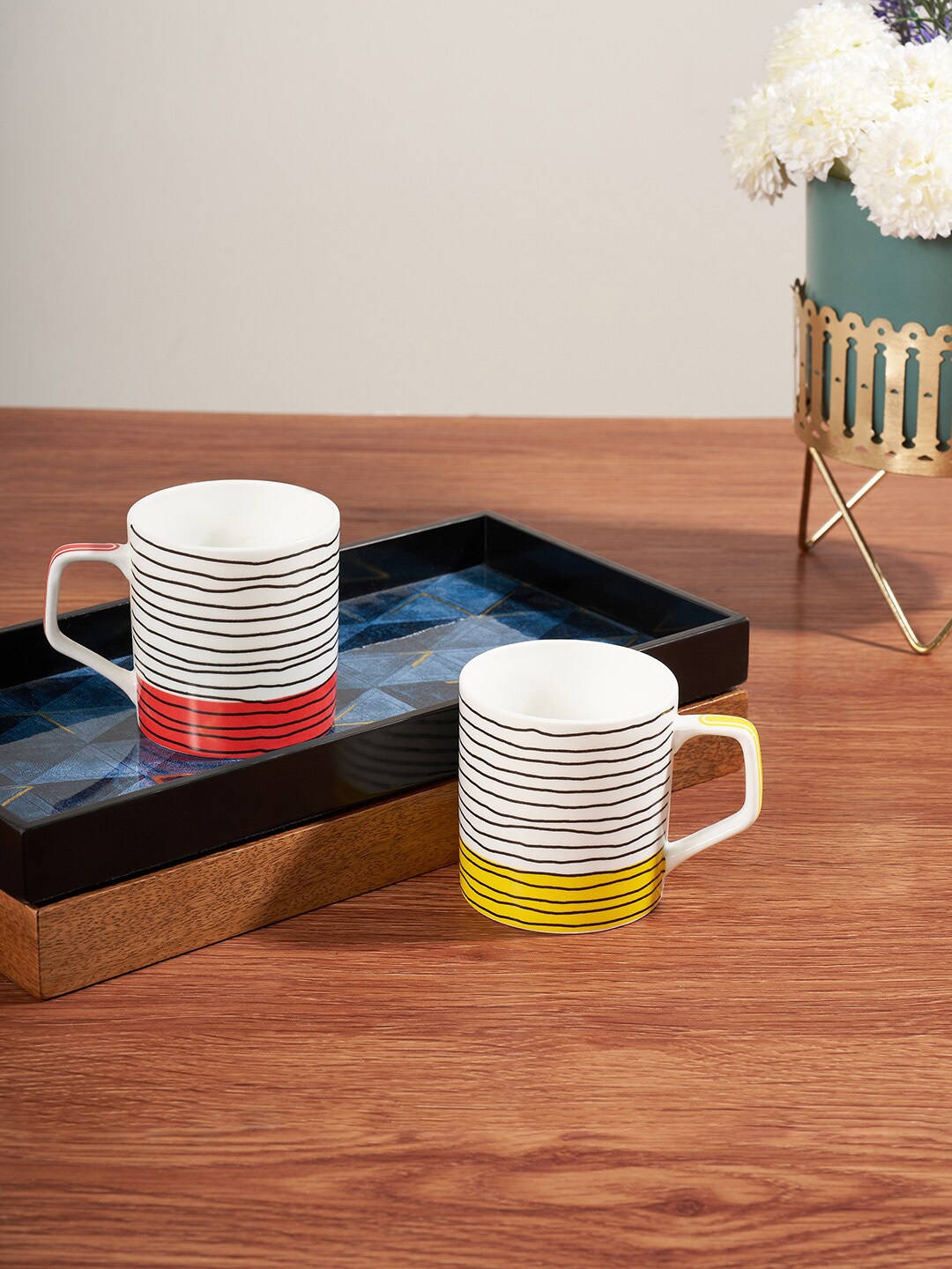 

Living scapes by Pantaloons 2 Pcs White & Black Striped Bone China Glossy Cups-200 ML Each