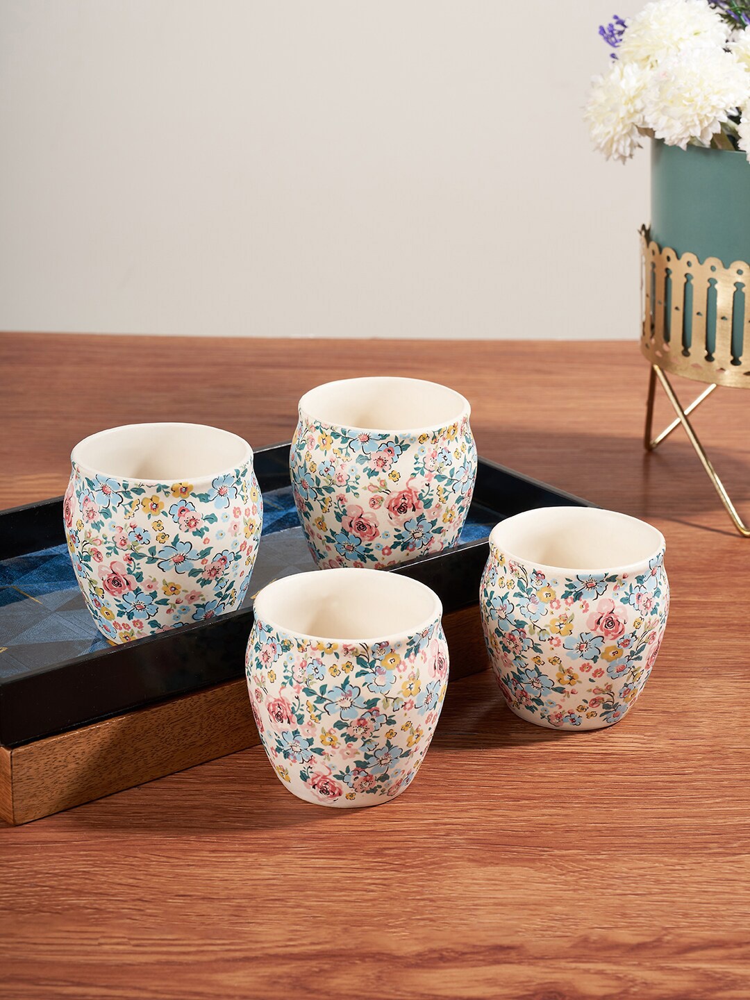 

Living scapes by Pantaloons Blue & White 4 Piieces Floral Printed Stoneware Matte Kulladhs