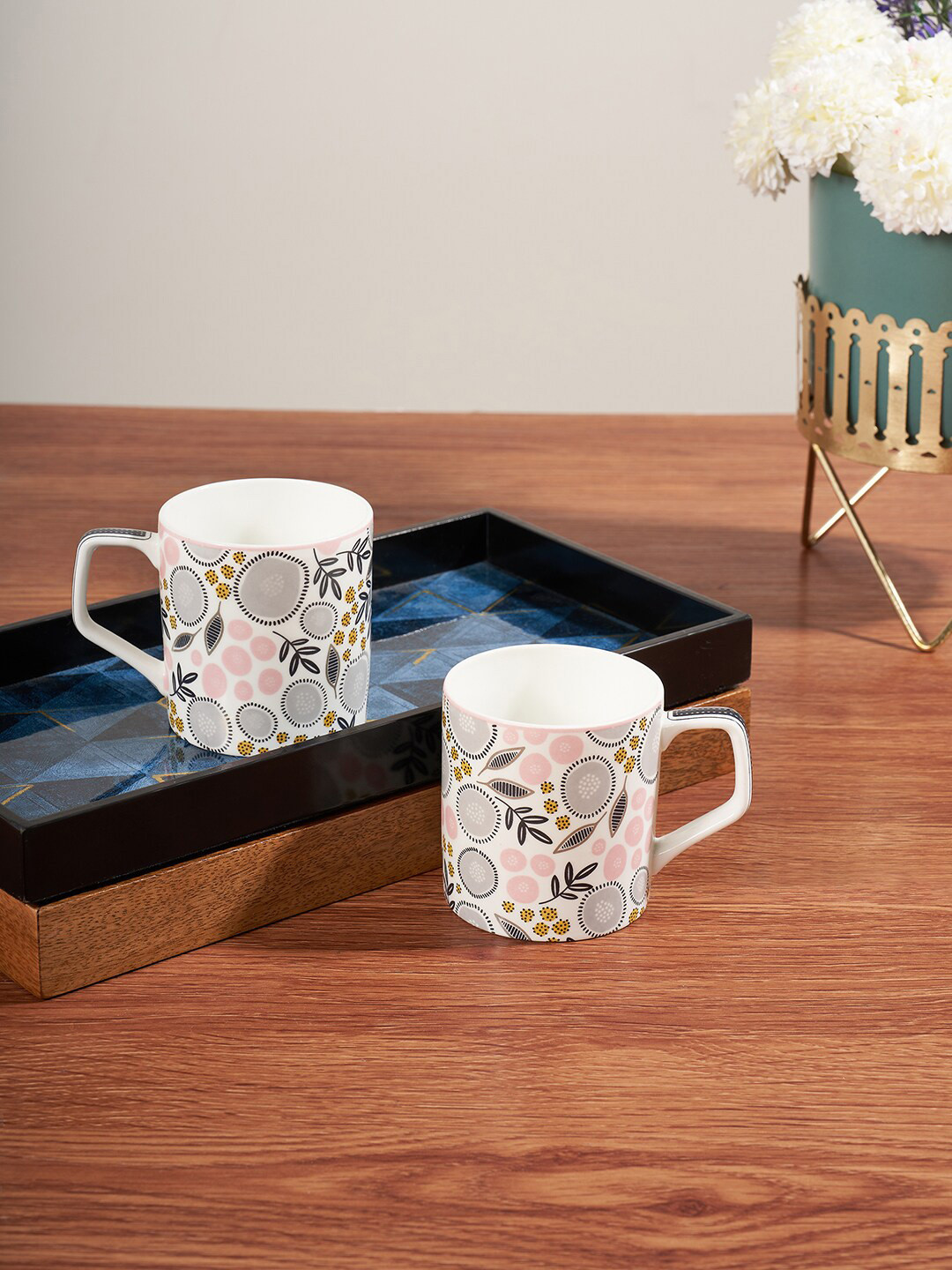 

Living scapes by Pantaloons 2 Pcs Off White & Pink Printed Bone China Cups - 200 ML Each