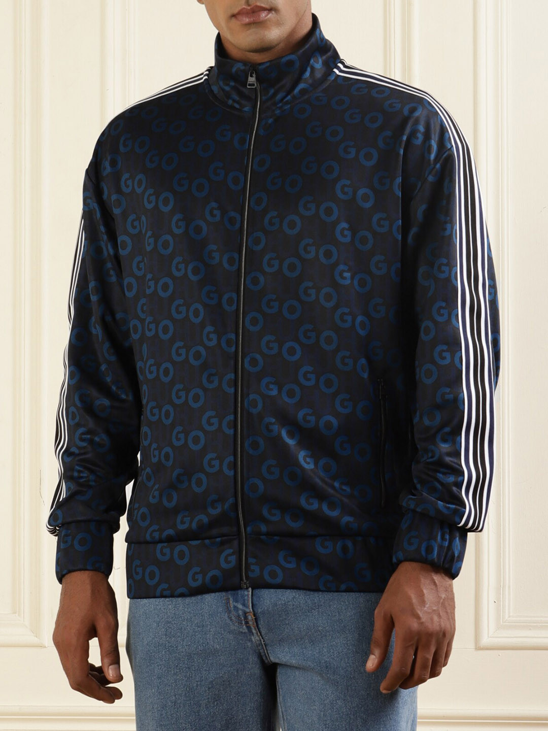 

HUGO Typography Printed Stand Collar Bomber Jacket, Navy blue