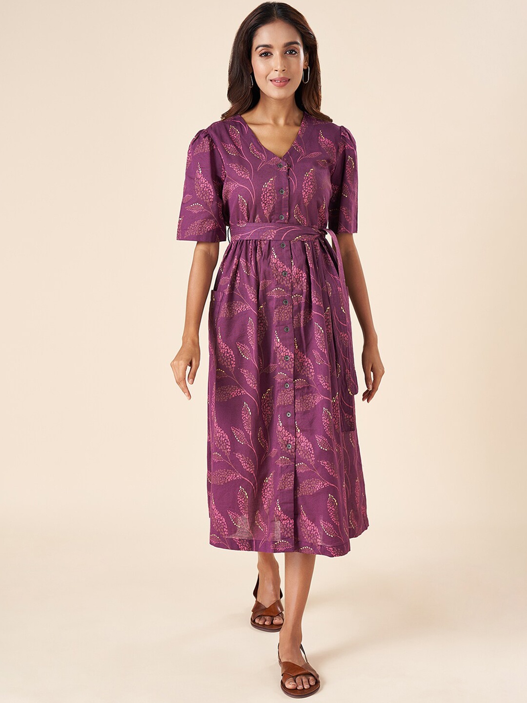 

AKKRITI BY PANTALOONS Floral Printed V-Neck Puff Sleeve Cotton Belted Shirt Dress, Purple