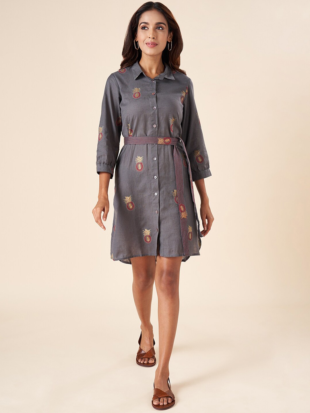 

AKKRITI BY PANTALOONS Conversational Printed Shirt Collar Cotton Belted Shirt Dress, Charcoal