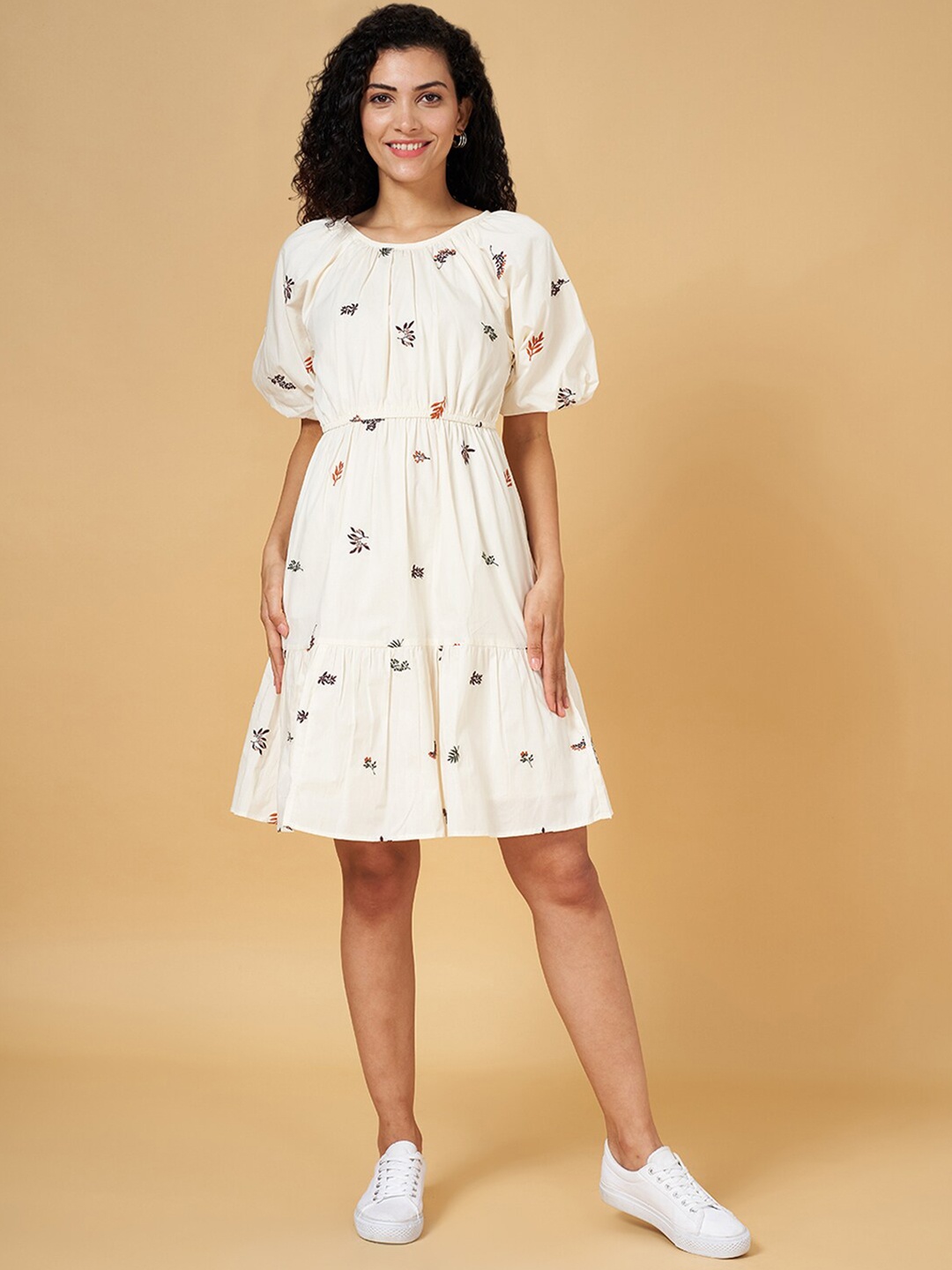 

Honey by Pantaloons Floral Printed Puff Sleeve Gathered & Tie-Up Cotton Fit & Flare Dress, Off white