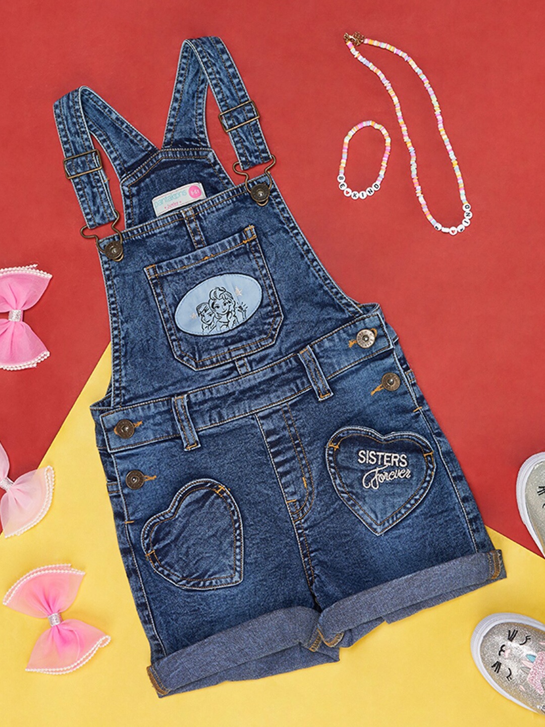 

Pantaloons Junior Girls Graphic Printed Applique Cotton Pinafore Dress, Blue