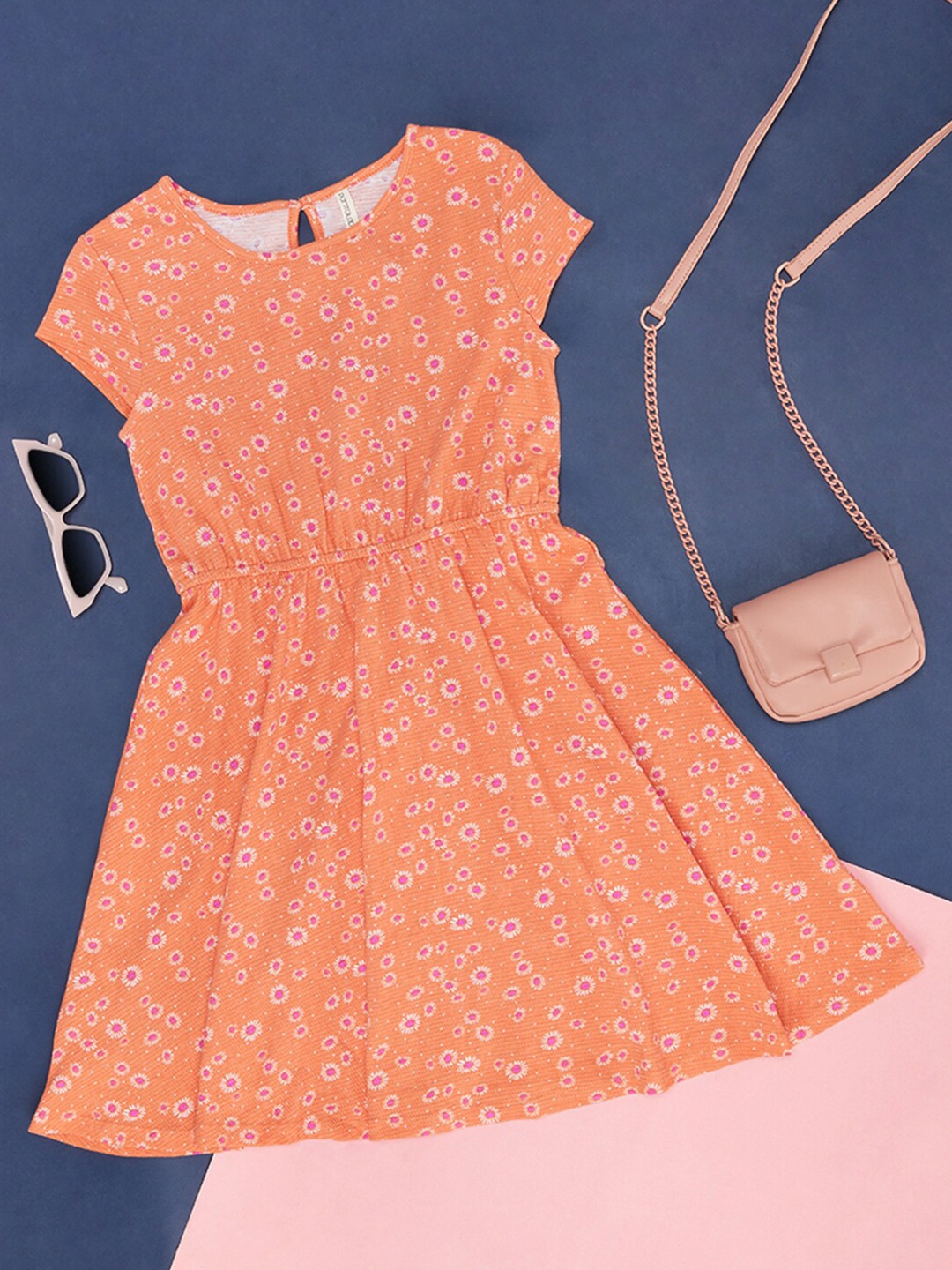 

Pantaloons Junior Girls Floral Printed Cotton Fit & Flare Dress, Orange