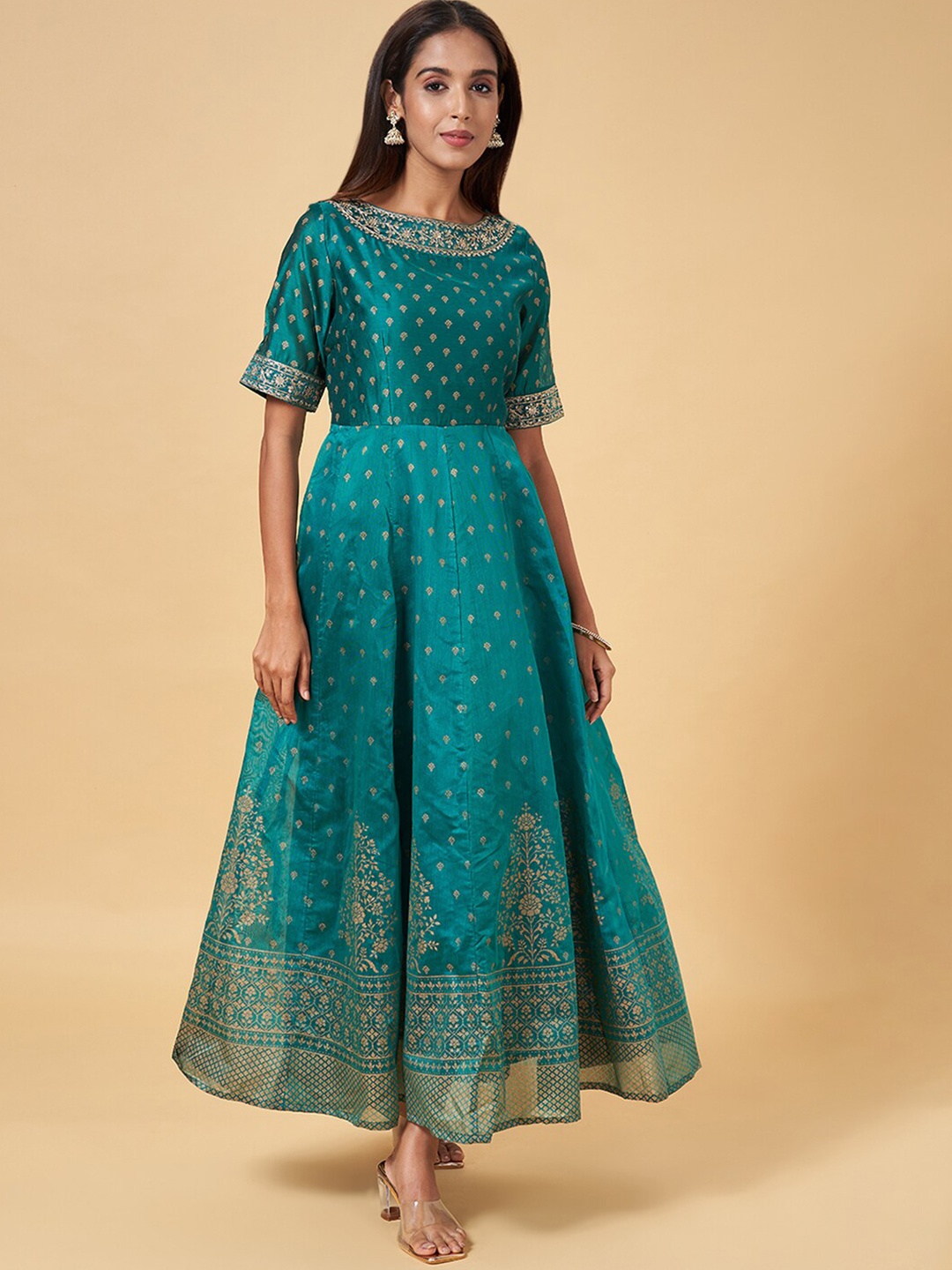 

RANGMANCH BY PANTALOONS Ethnic Motifs Printed Boat Neck Maxi Dress, Turquoise blue