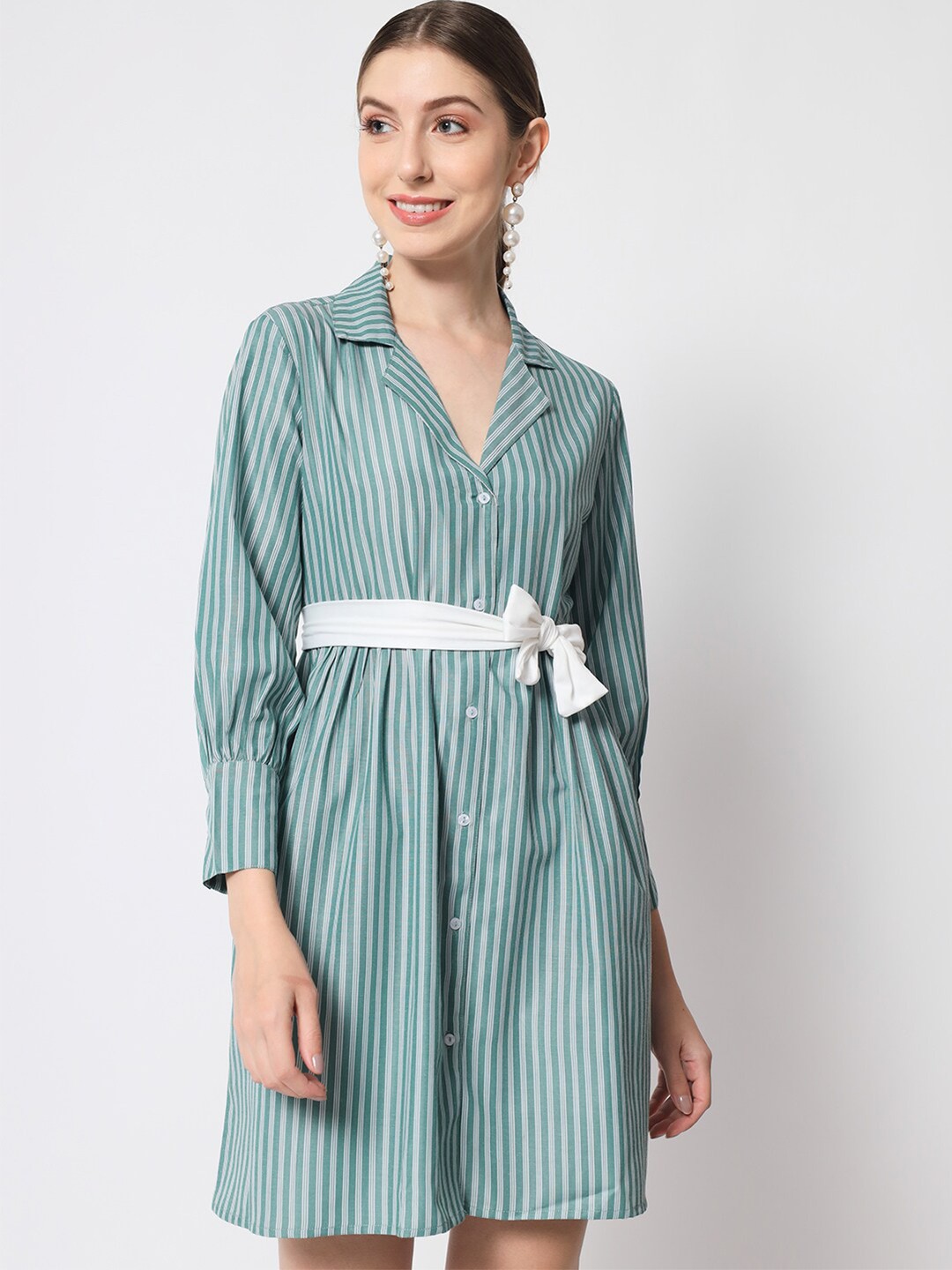 

Chemistry Vertical Striped Pure Cotton Shirt Dress, Green