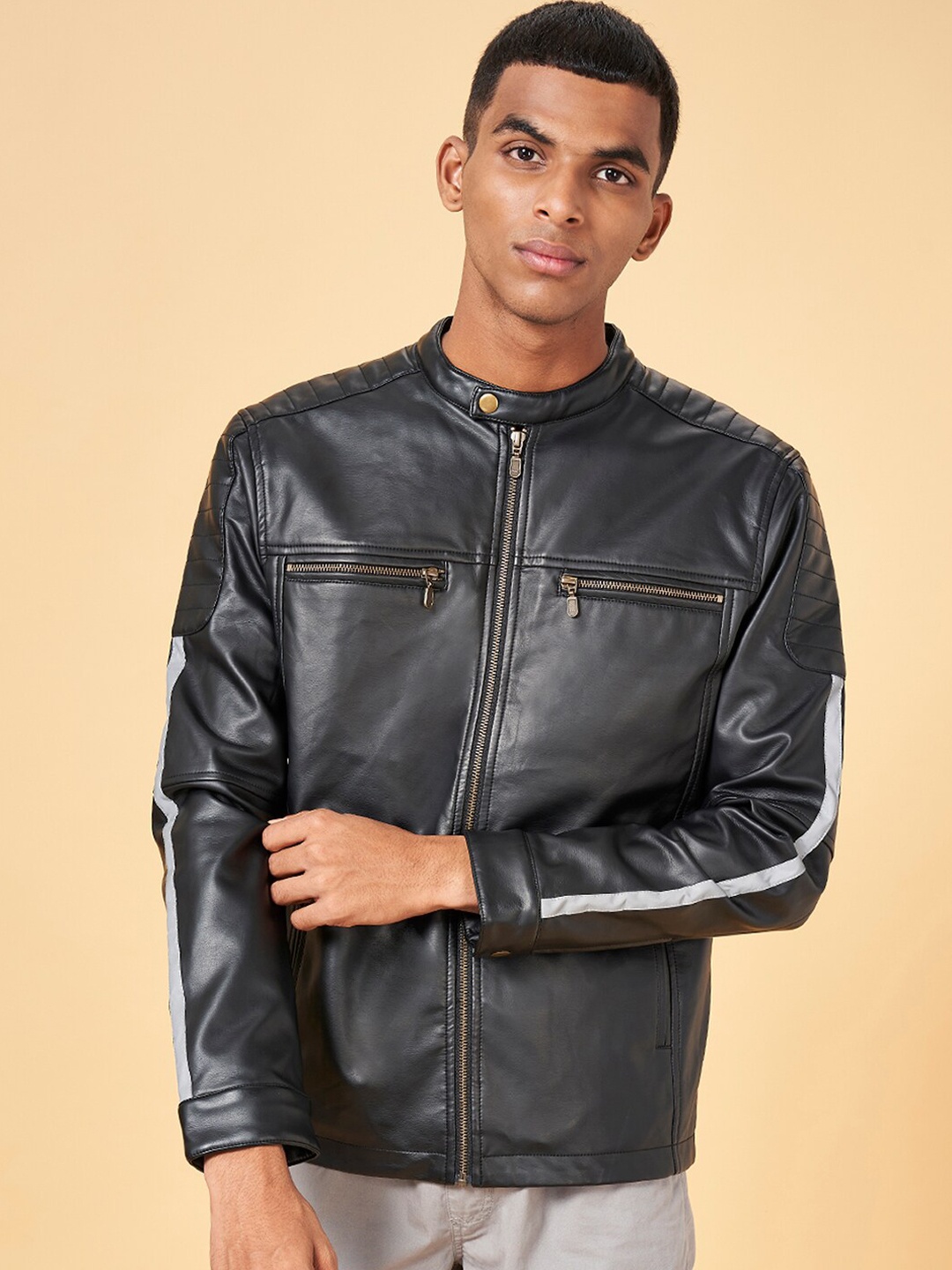 

Urban Ranger by pantaloons Stand Collar Biker Jacket, Black