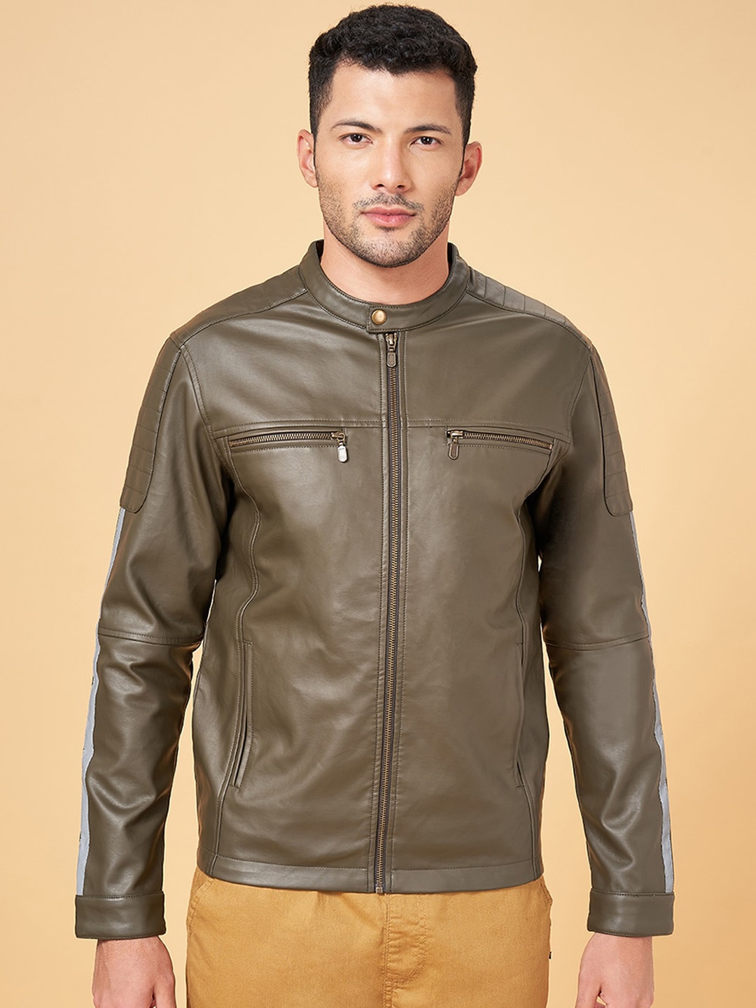 

Urban Ranger by pantaloons Mandarin Collar Biker Jacket, Olive