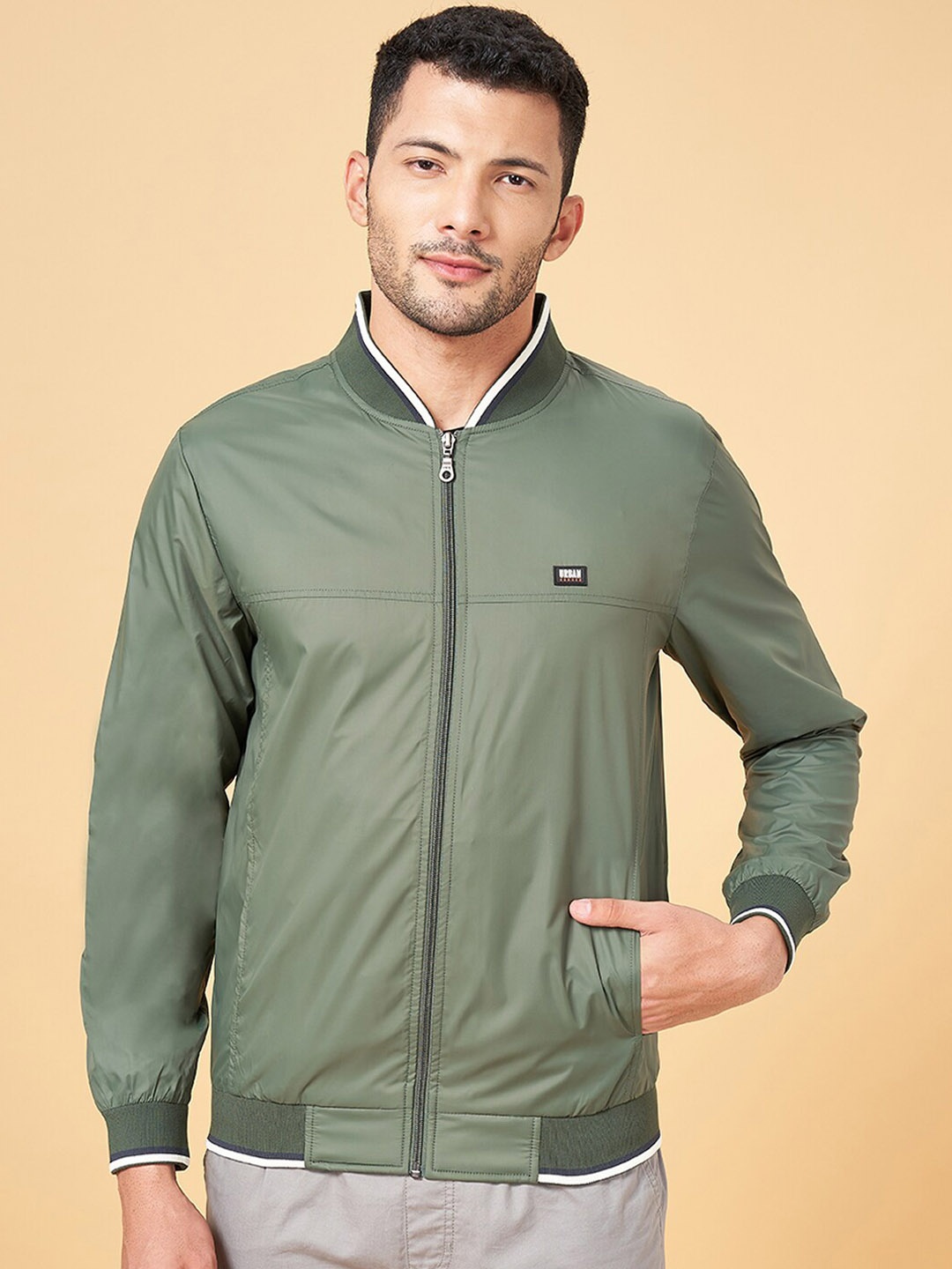 

Urban Ranger by pantaloons Stand Collar Bomber Jacket, Olive