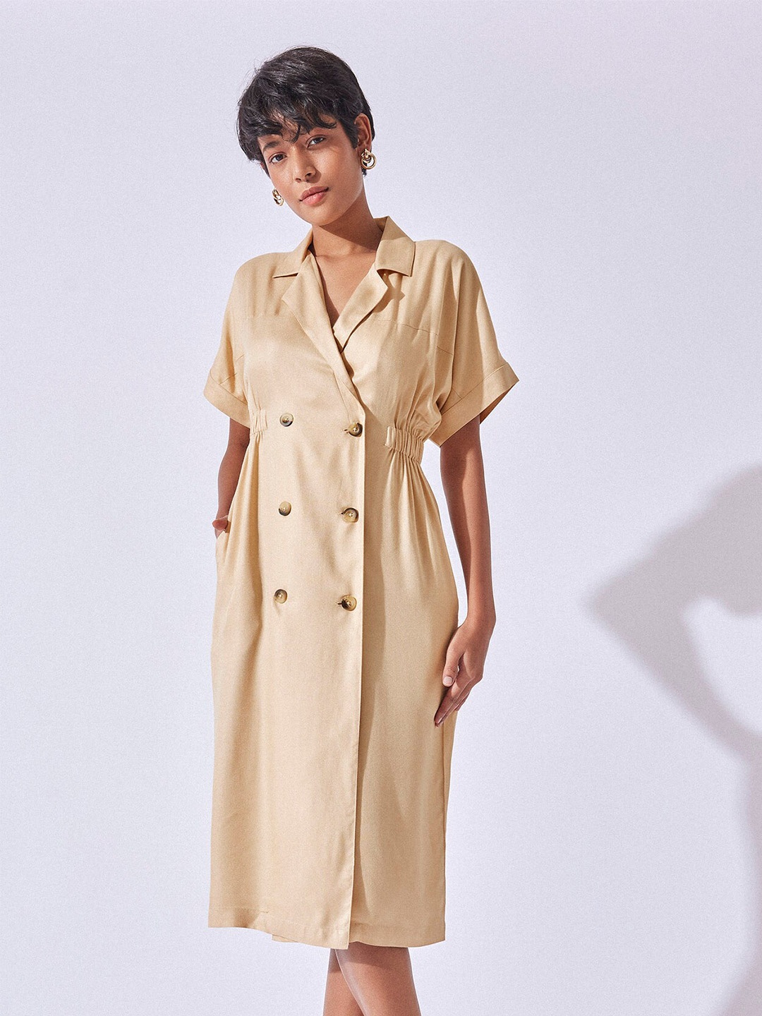 

The Label Life Lapel Collar Knee Length A-Line Dress, Beige