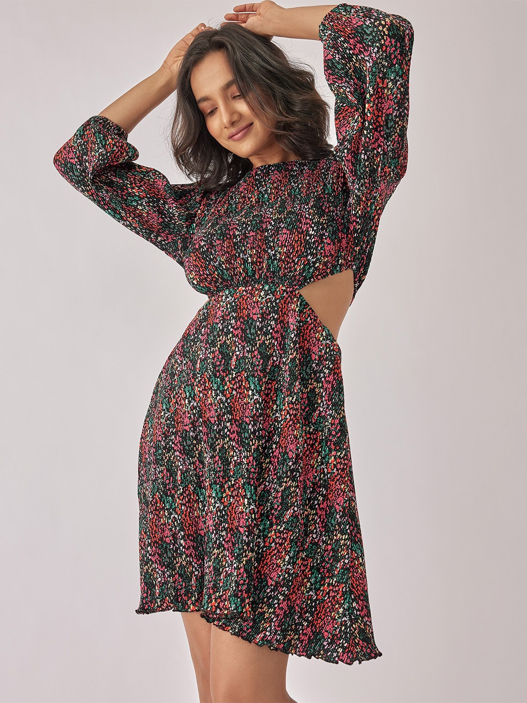 

The Label Life Floral Printed Puff Sleeves Cut-Outs Detail Fit & Flare Dress, Black