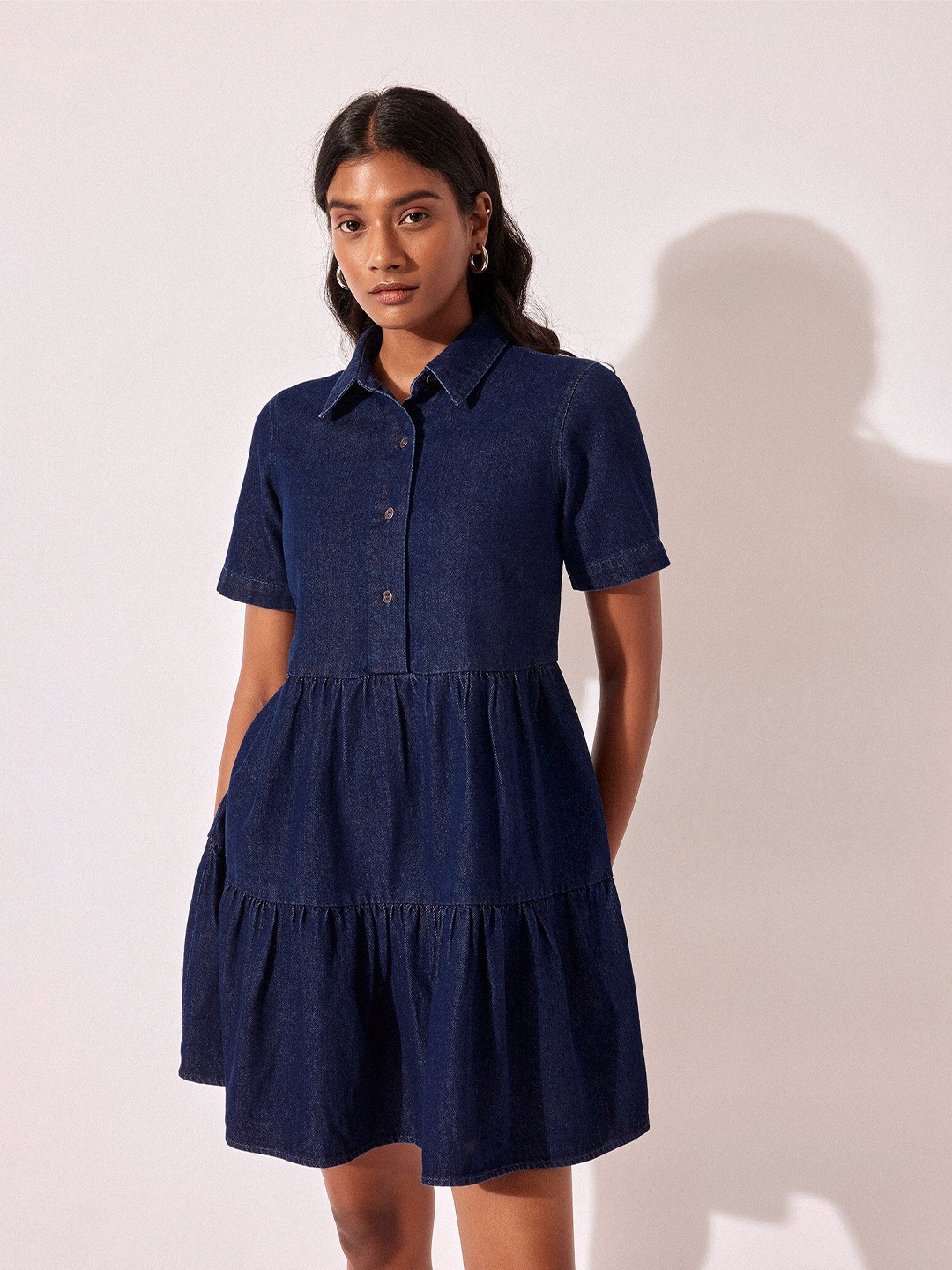 

The Label Life Shirt Collar Tiered Cotton A-Line Dress, Blue
