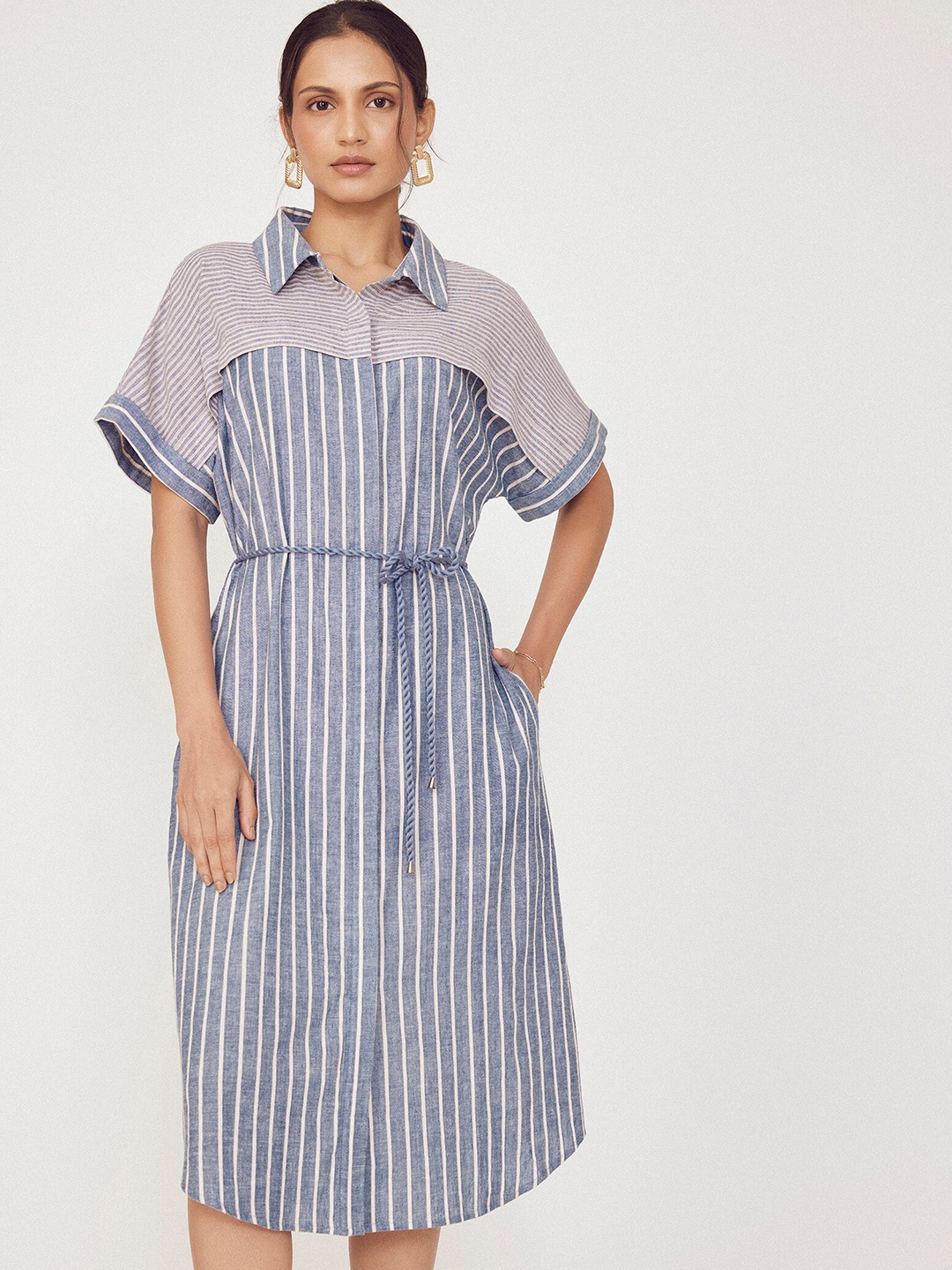 

The Label Life Striped Shirt Collar Extended Sleeves Tie-Ups Shirt Dress, Blue