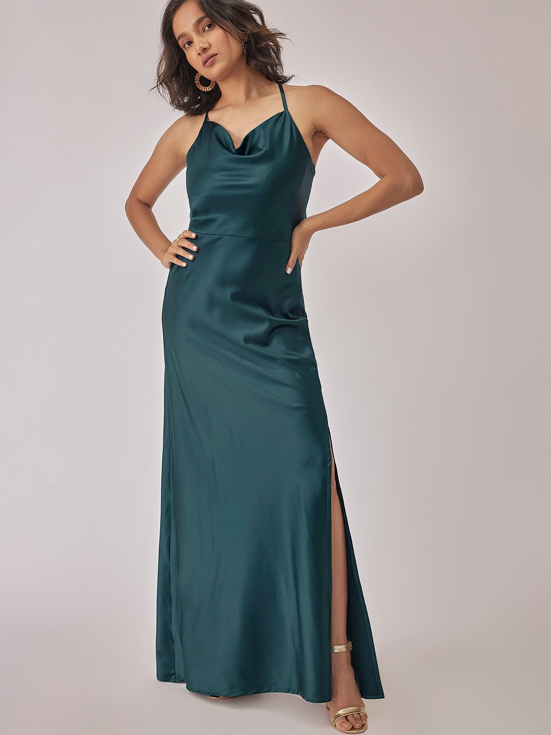 

The Label Life Cowl Neck Tie Ups Satin Maxi Dress, Teal