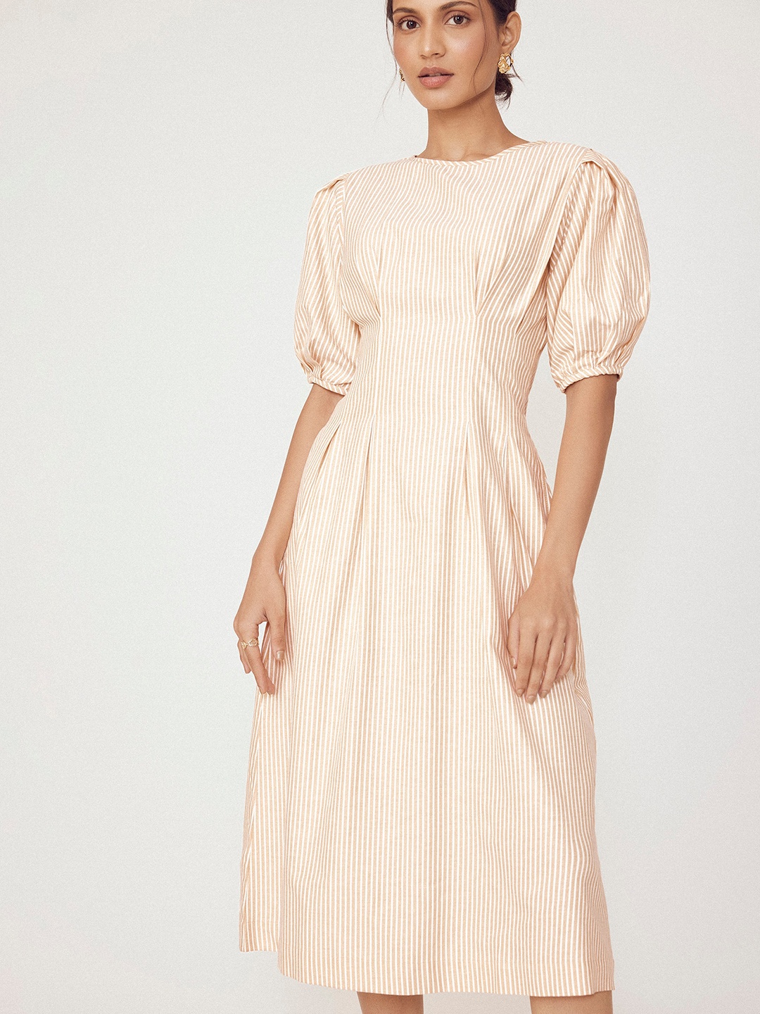 

The Label Life Striped Puff Sleeves Cotton Fit And Flare Midi Dress, Yellow