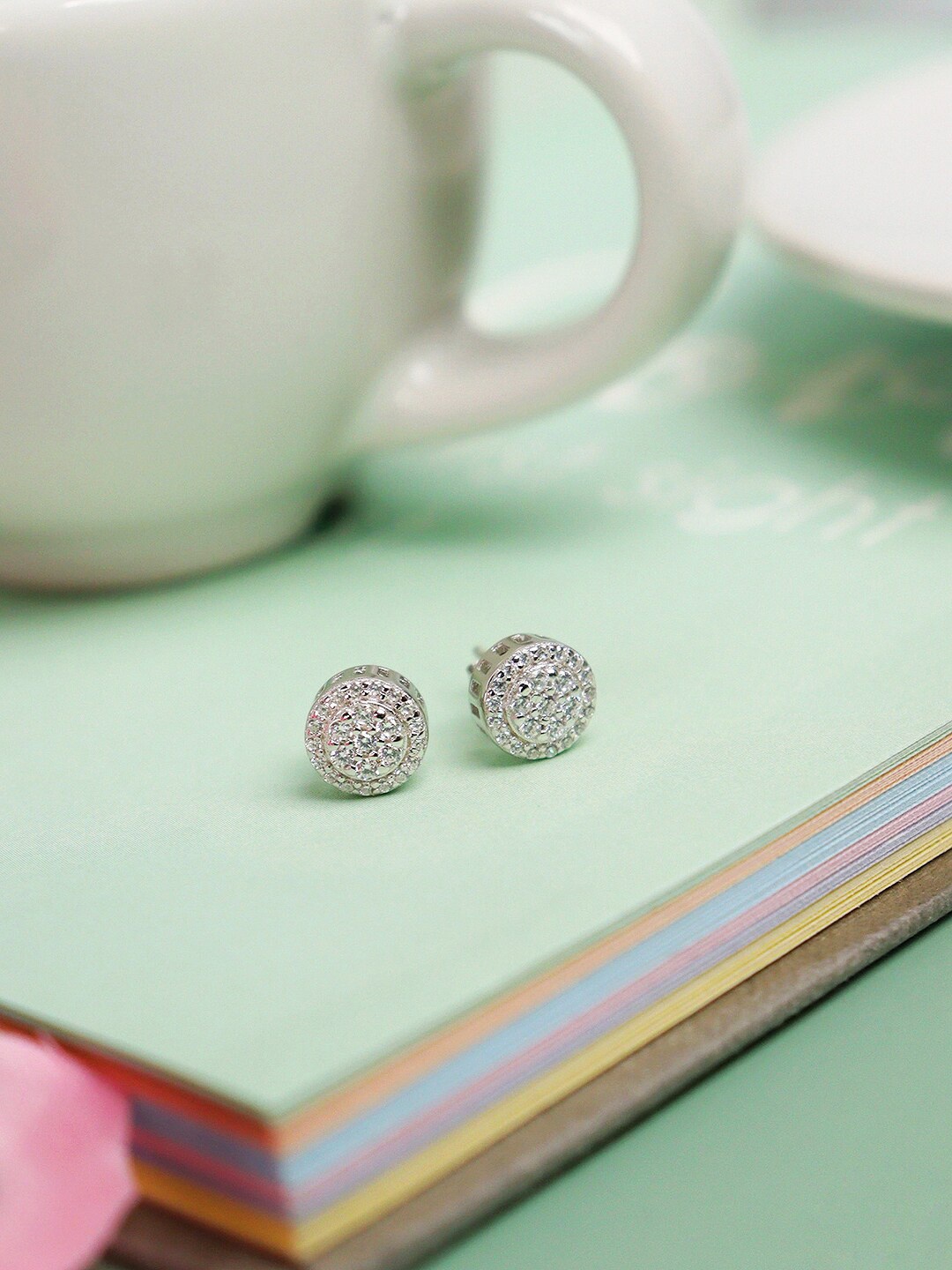 

CURIO COTTAGE Artificial Stones Studded Silver-Plated Contemporary Studs Earrings