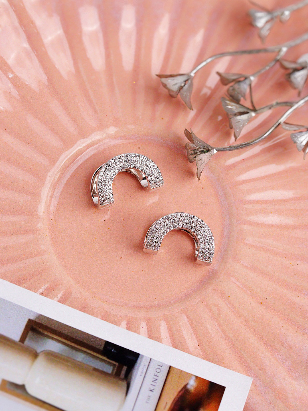 

CURIO COTTAGE Artificial Stones Studded Silver-Plated Contemporary Studs Earrings