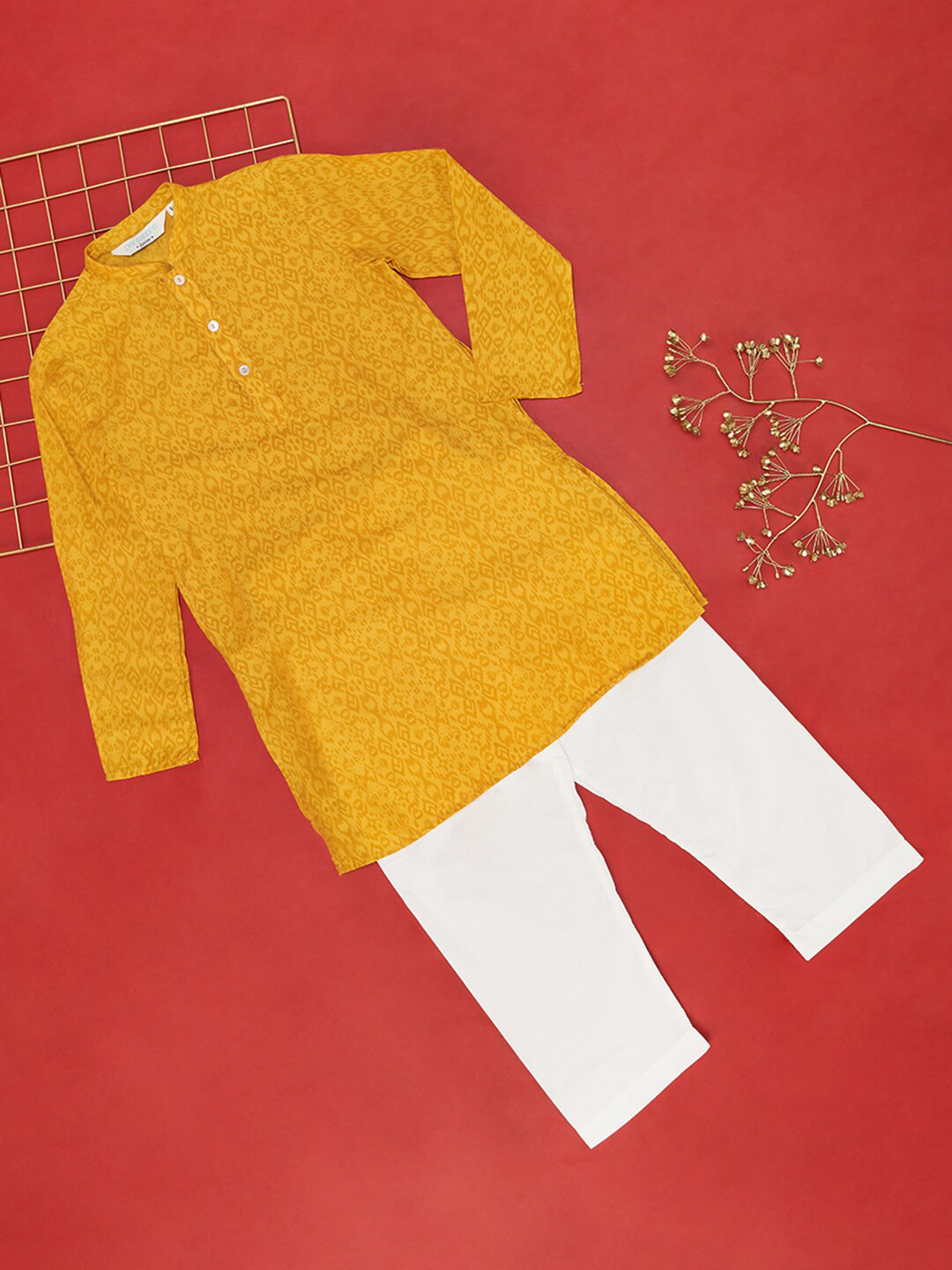 

indus route by Pantaloons Boys Ethnic Motifs Printed Regular Kurta With Pyjamas, Mustard