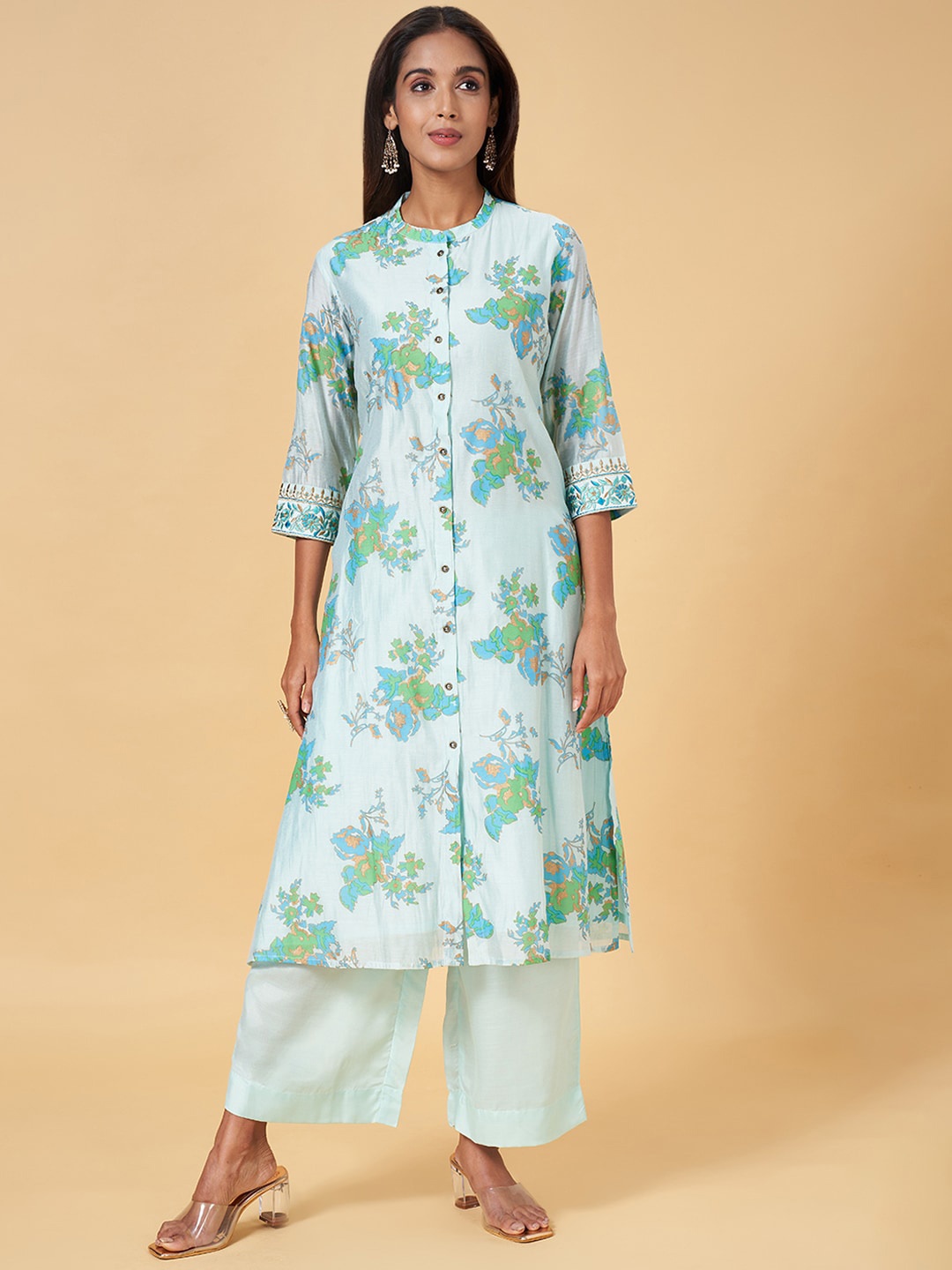 

RANGMANCH BY PANTALOONS Floral Printed Mandarin Collar Kurta with Palazzos, Blue