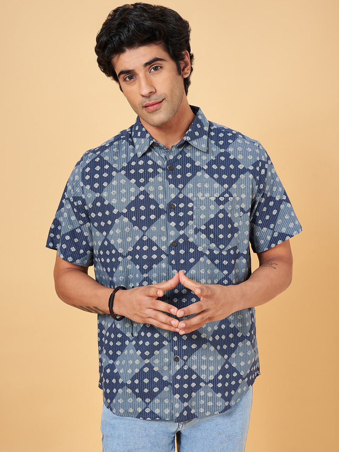 

indus route by Pantaloons Geometric Printed Cotton Casual Shirt, Navy blue