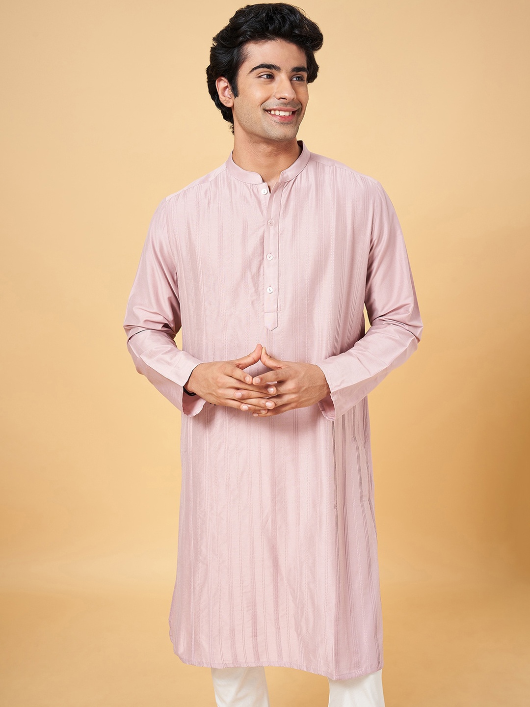 

indus route by Pantaloons Striped Embroidered Thread Work Straight Kurta, Pink