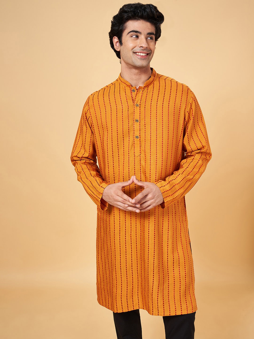 

indus route by Pantaloons Geometric Embroidered Straight Kurta, Mustard