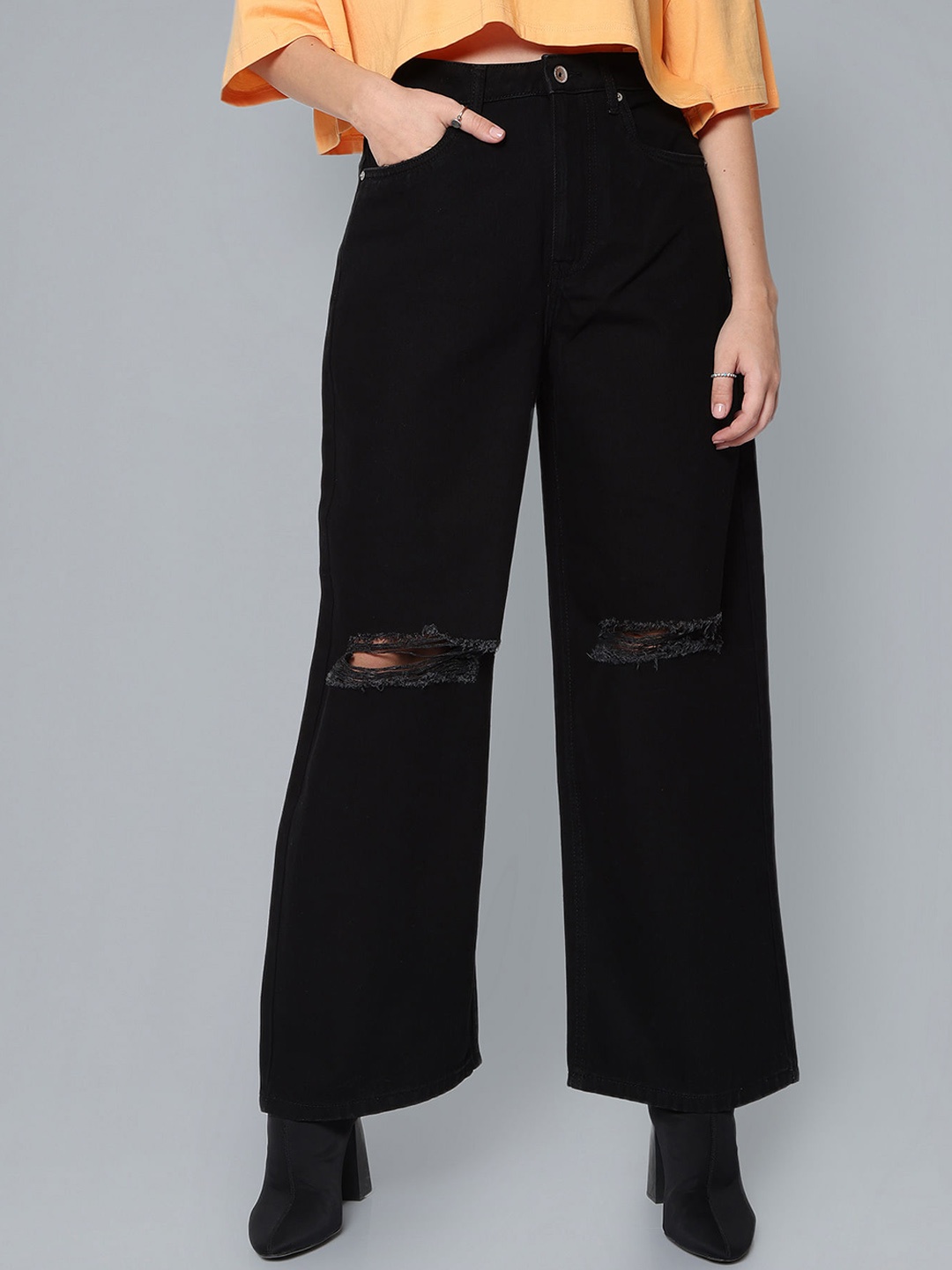 

Flying Machine Women Wide Leg High-Rise Slash Knee Jeans, Black