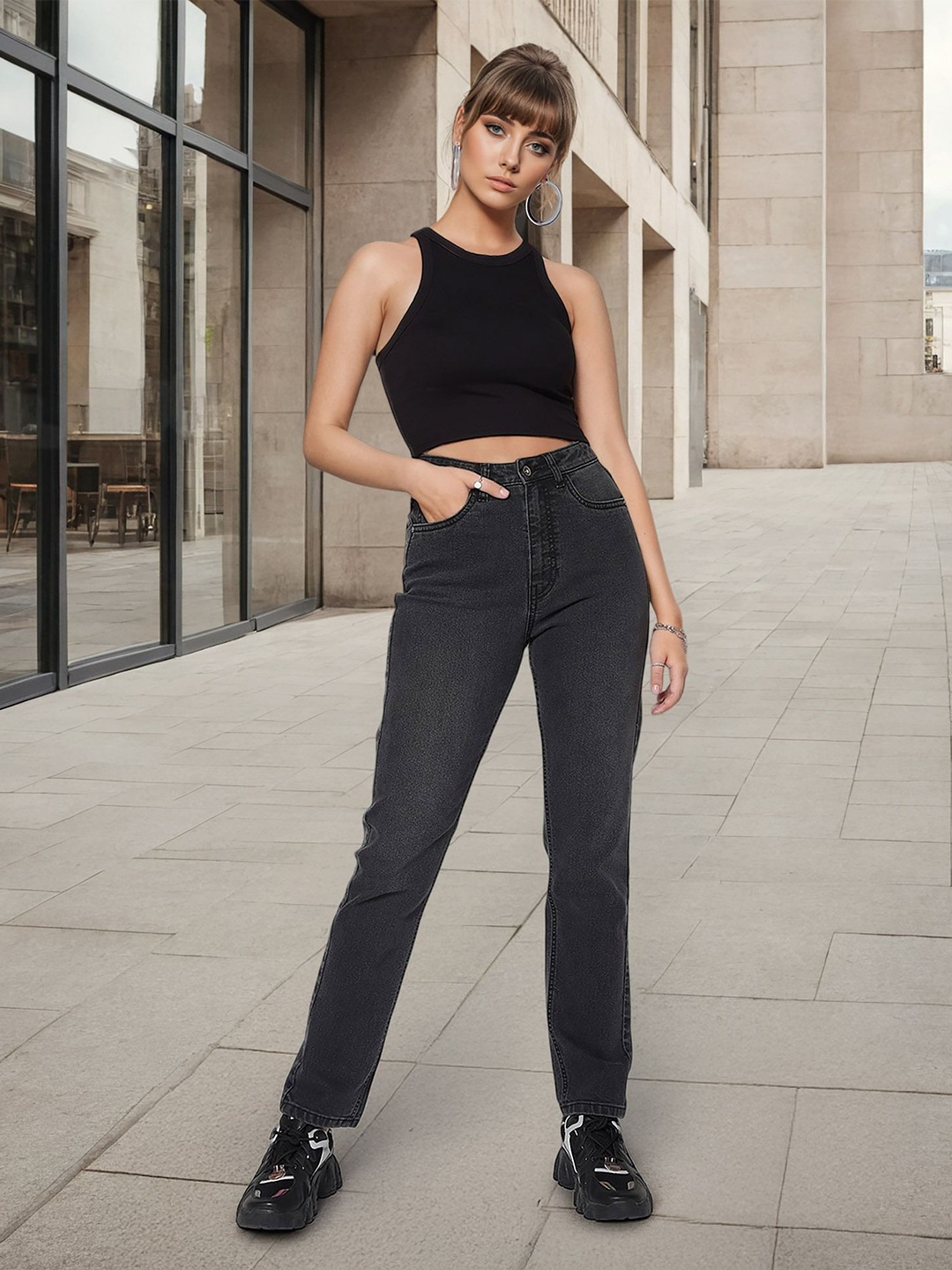 

Flying Machine Women Straight Fit High-Rise Stretchable Jeans, Grey