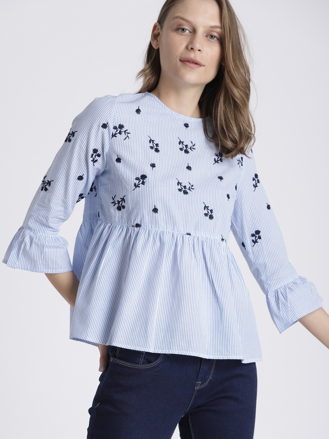

Chemistry Women Blue Striped Embroidered A-Line Pure Cotton Top