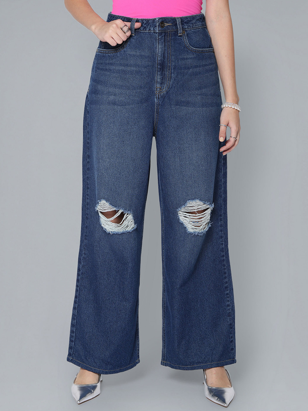 

Flying Machine Women Wide Leg High Rise Heavy Distressed Light Fade Jeans, Blue