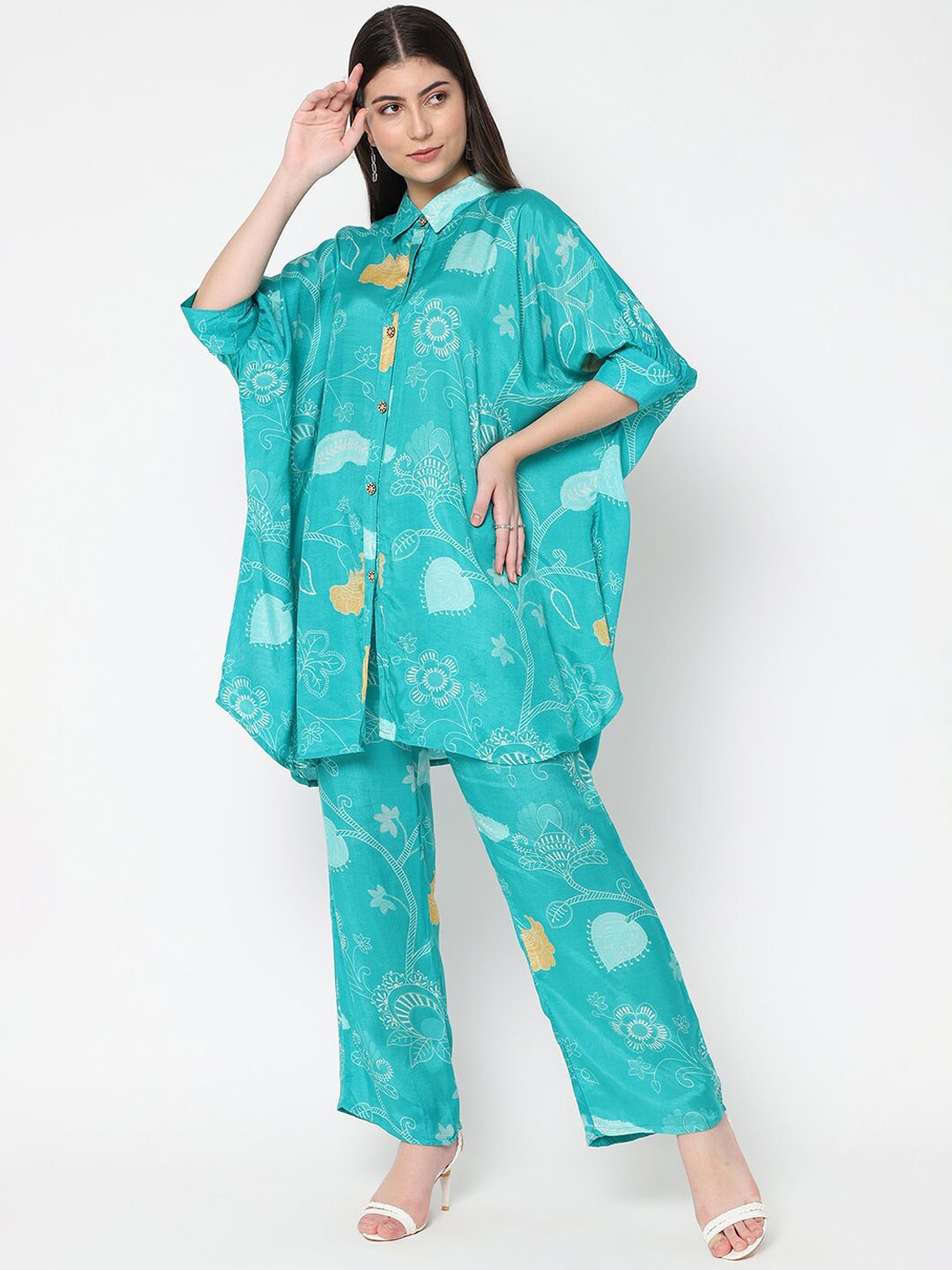 

La Vastraa Floral Printed Shirt Collar Kurti With Trouser, Sea green