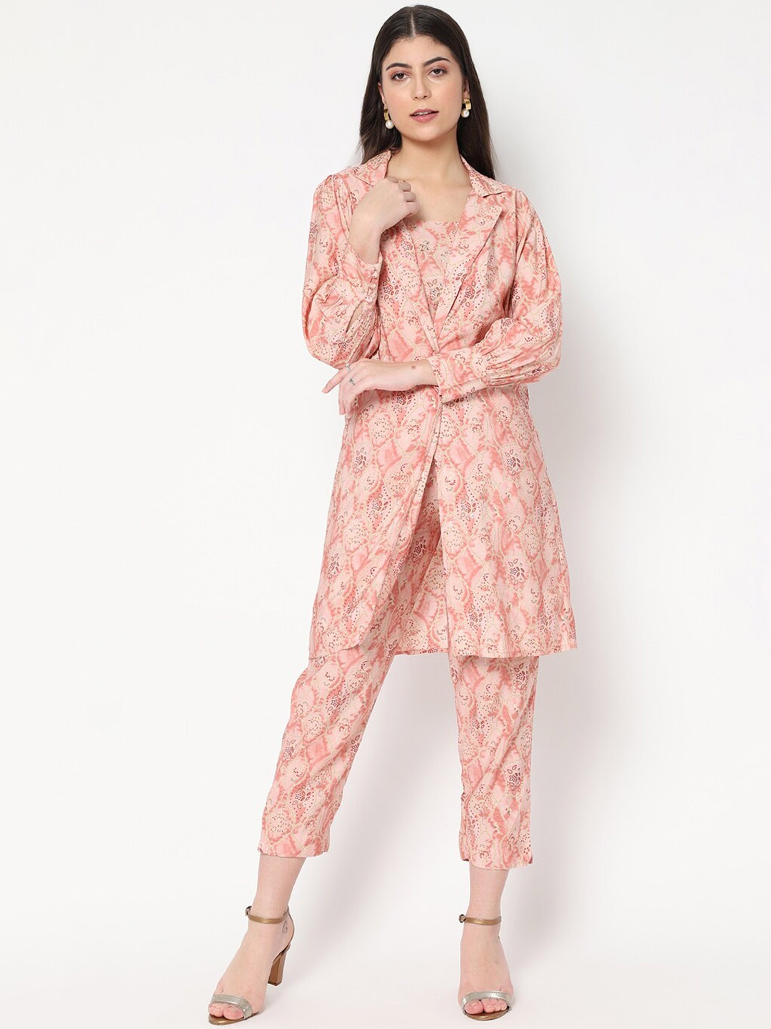 

La Vastraa Floral Printed Pure Cotton Liva Coat With Trousers, Pink
