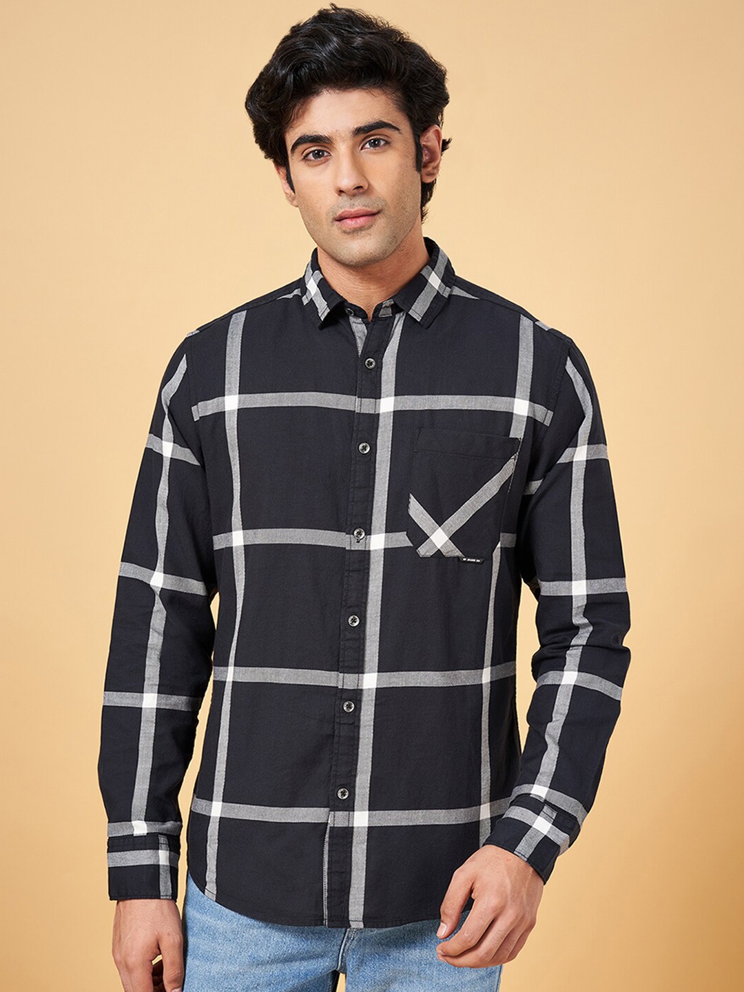 

SF JEANS by Pantaloons Windowpane Checked Cotton Slim Fit Casual Shirt, Black