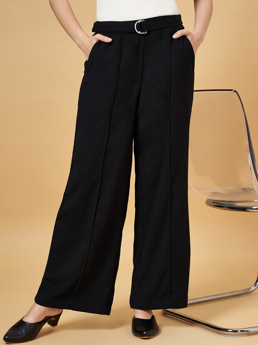 

YU by Pantaloons Women Flared High Rise Parallel Trousers, Black