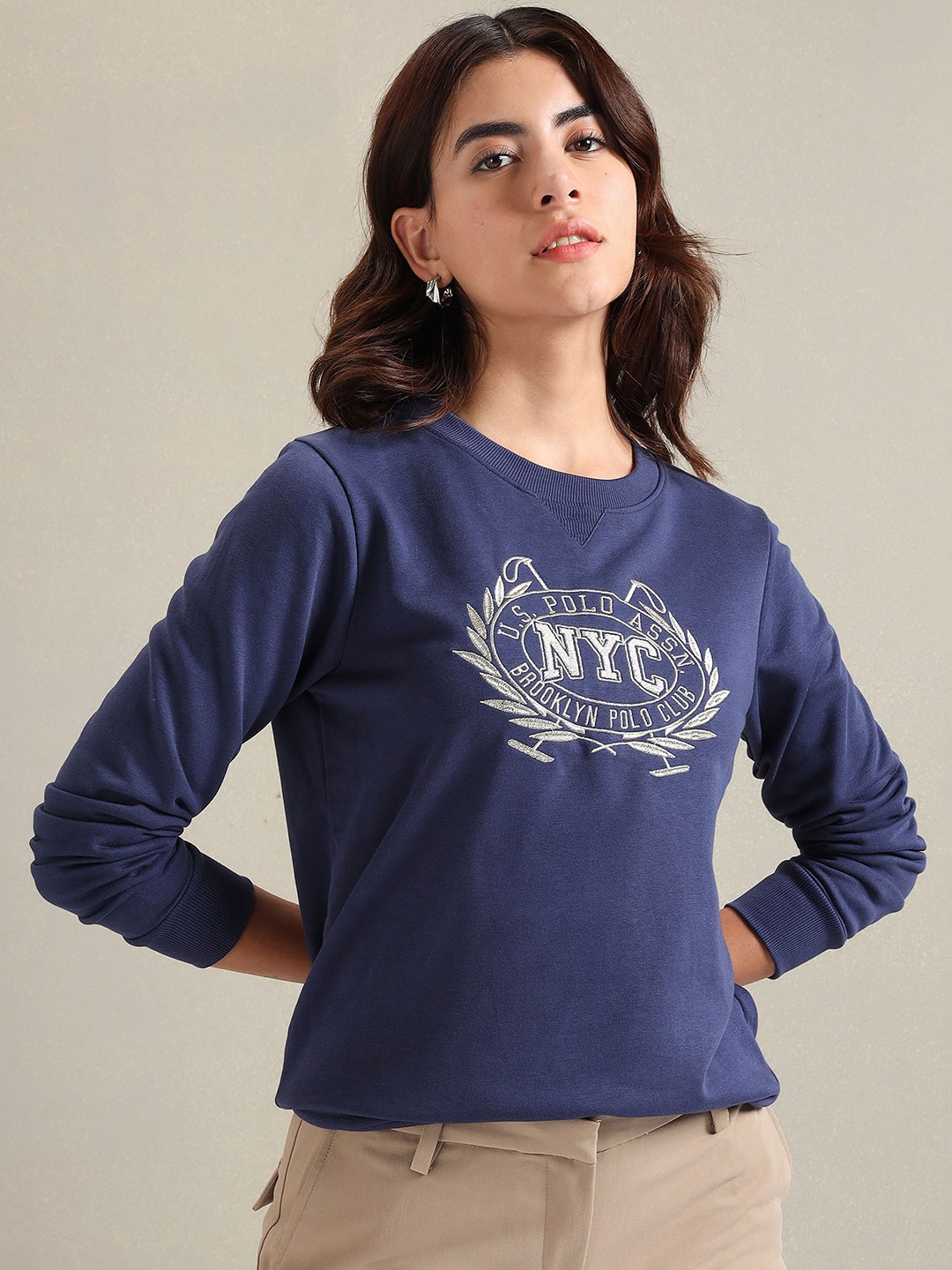 U.S. Polo Assn. Women Typography Printed Round Neck Sweatshirt, Navy blue