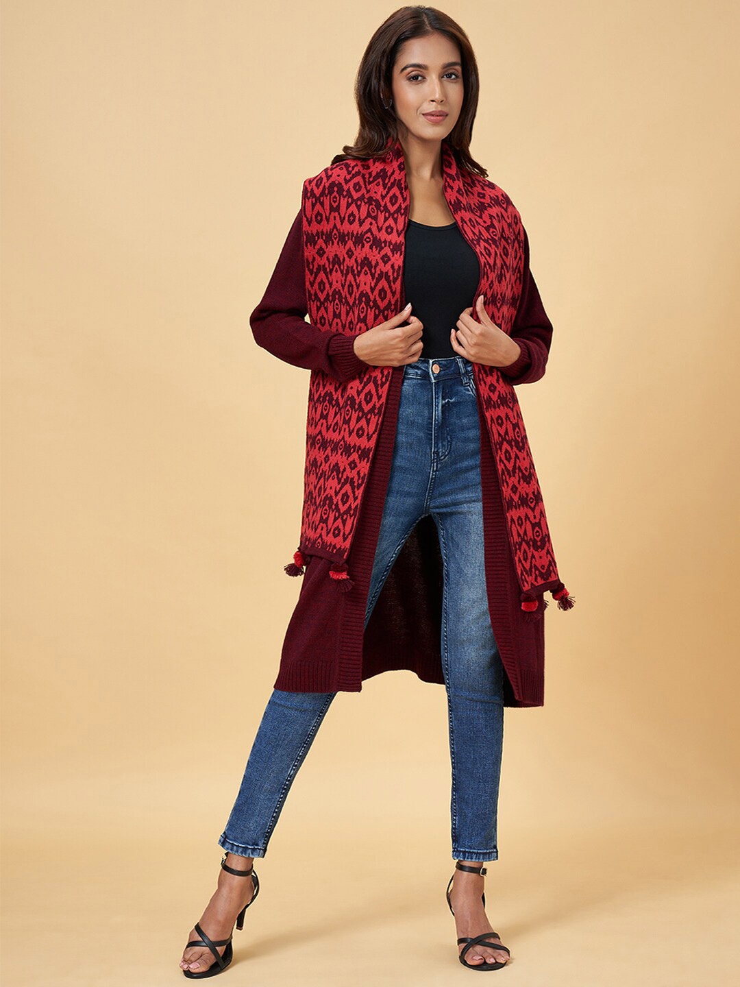 

RANGMANCH BY PANTALOONS Acrylic Open Front Longline Shrug, Maroon