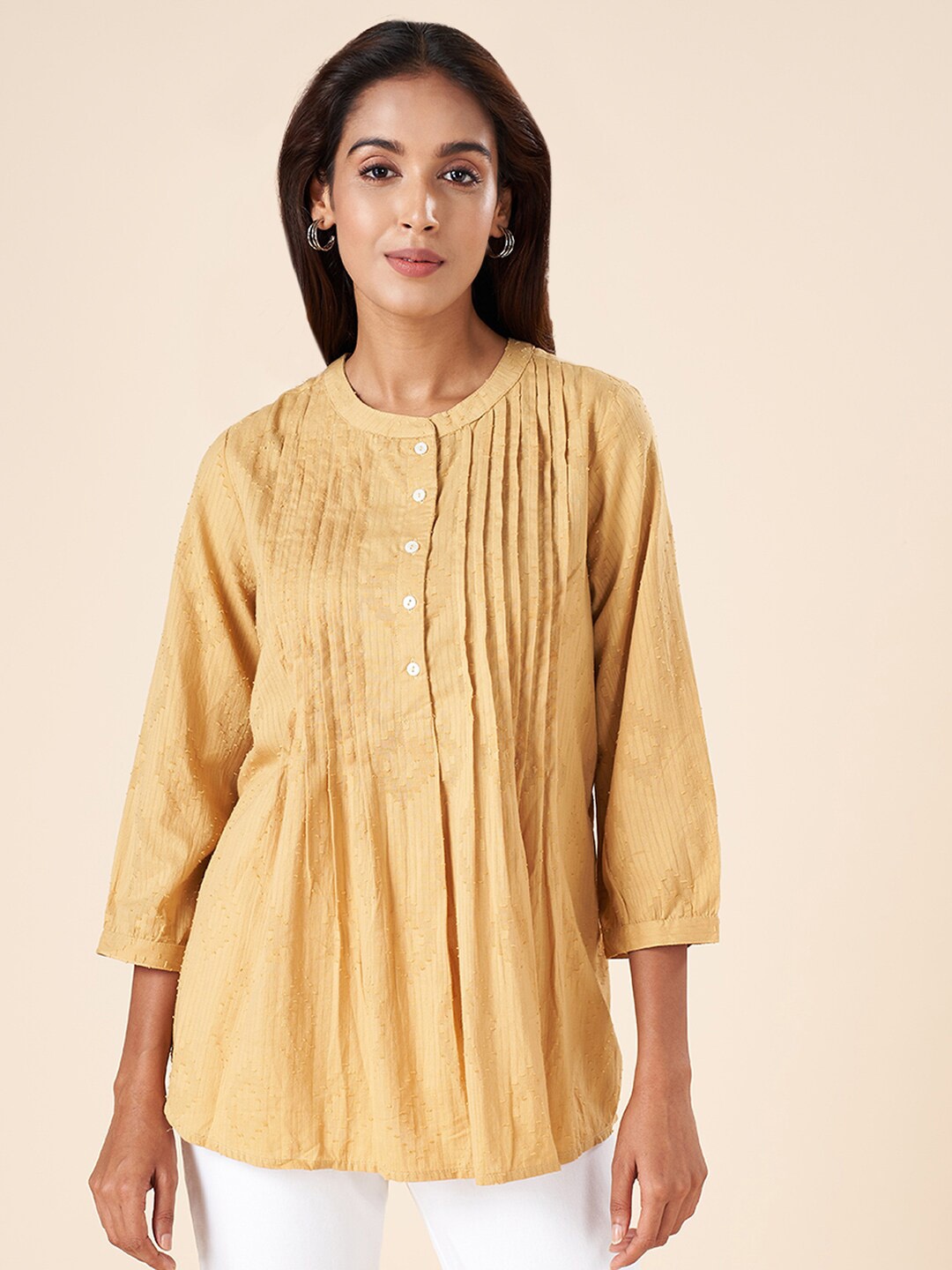 

AKKRITI BY PANTALOONS Self Design Cotton Tunic, Mustard