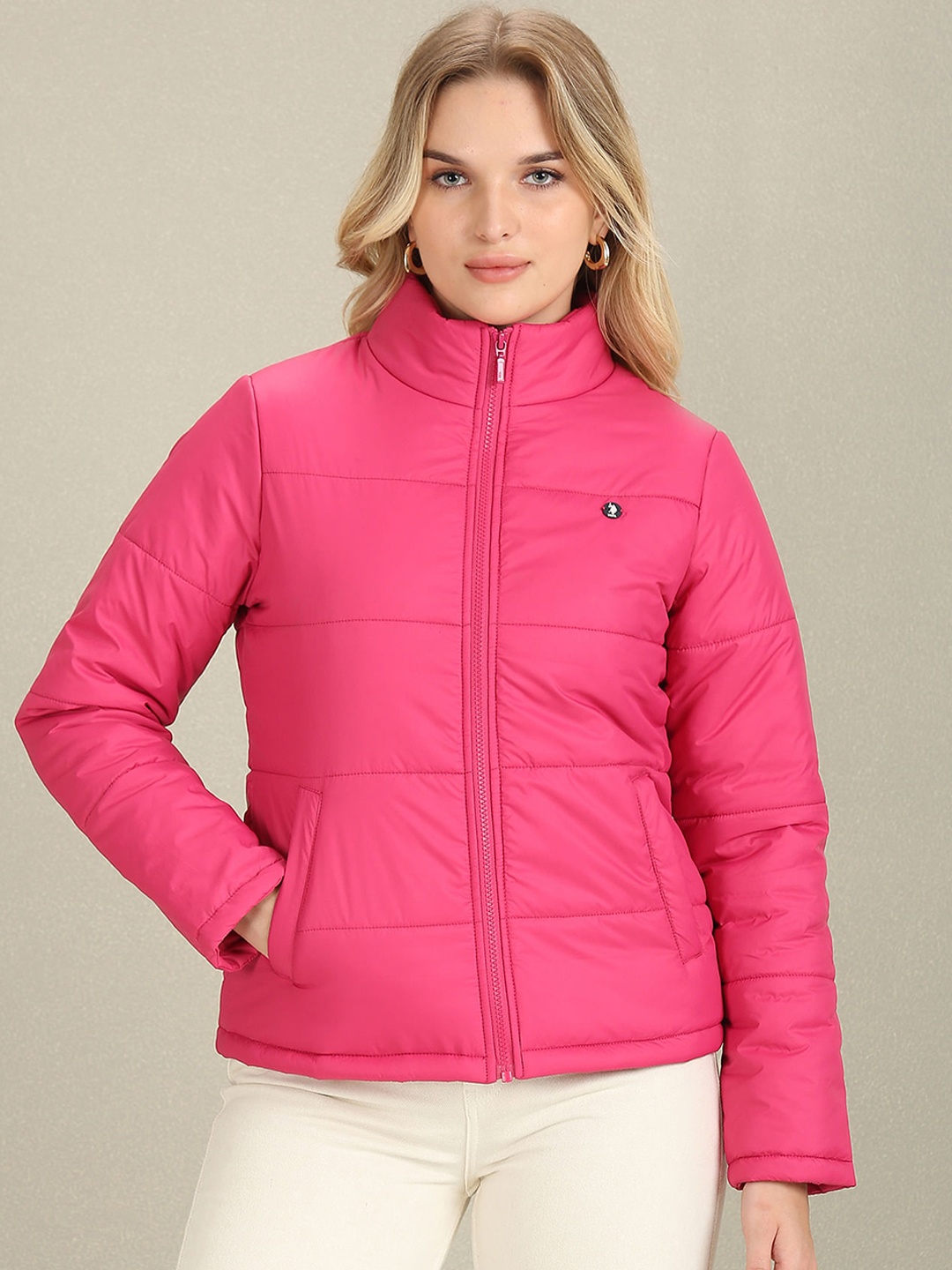 

U.S. Polo Assn. Women Mock Collar Padded Jacket With Zip Detail, Fuchsia