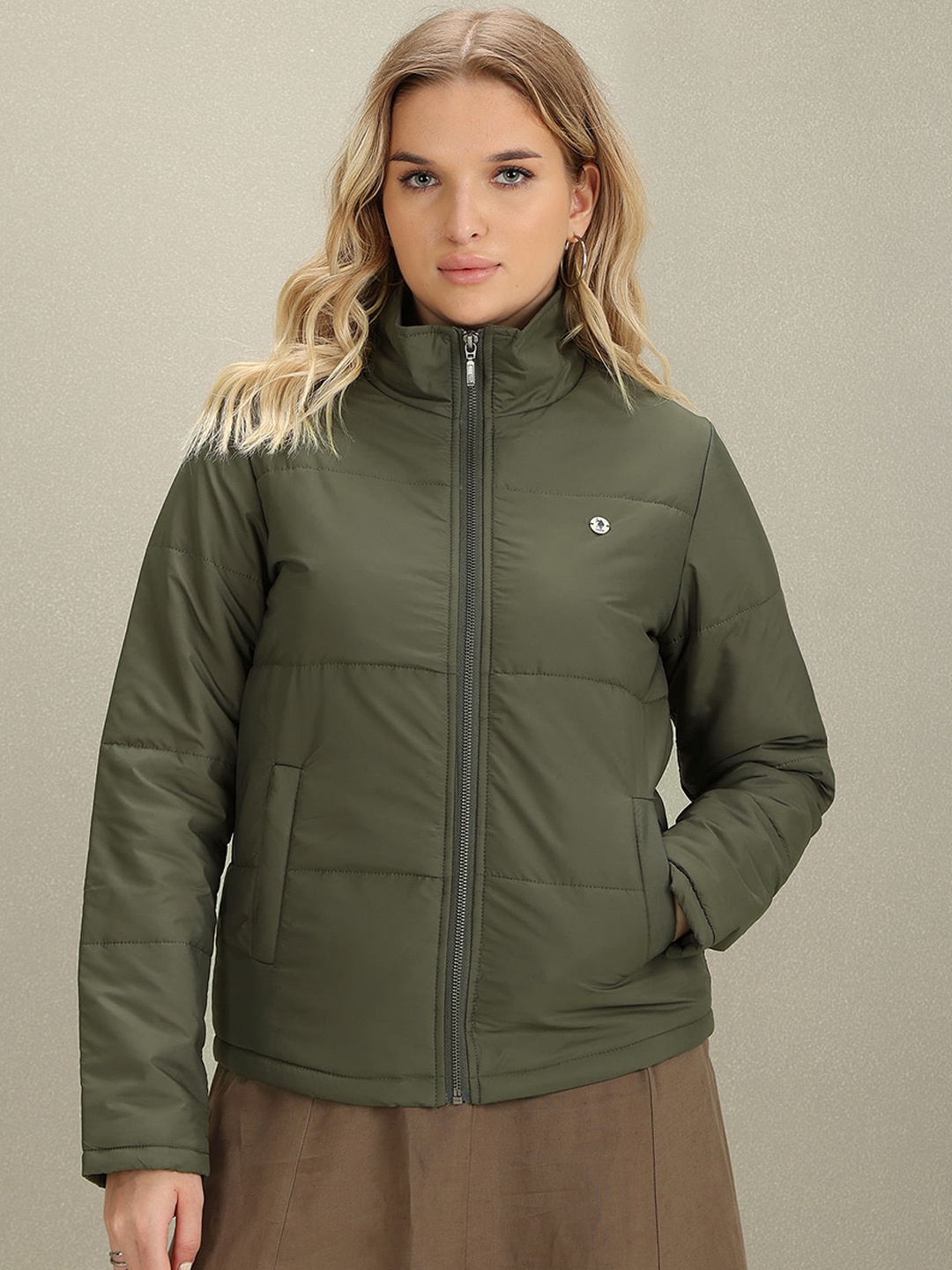 

U.S. Polo Assn. Women Mock Collar Padded Jacket With Zip Detail, Olive