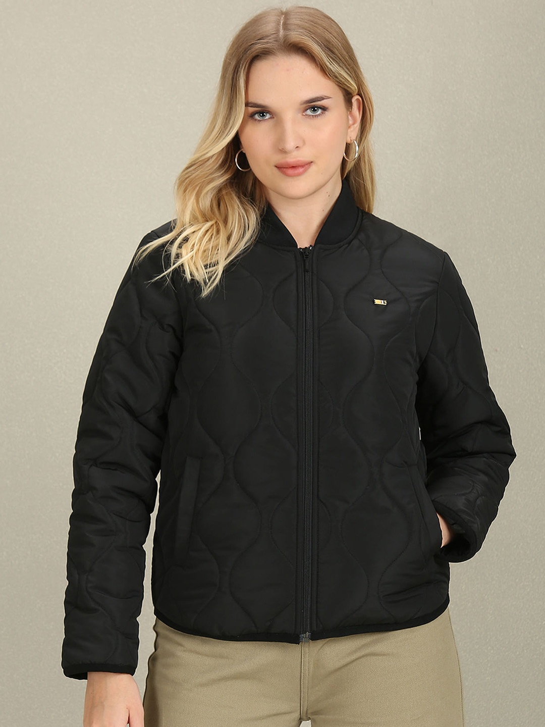 

U.S. Polo Assn. Women Stand Collar Quilted Jacket With Zip Detail, Black