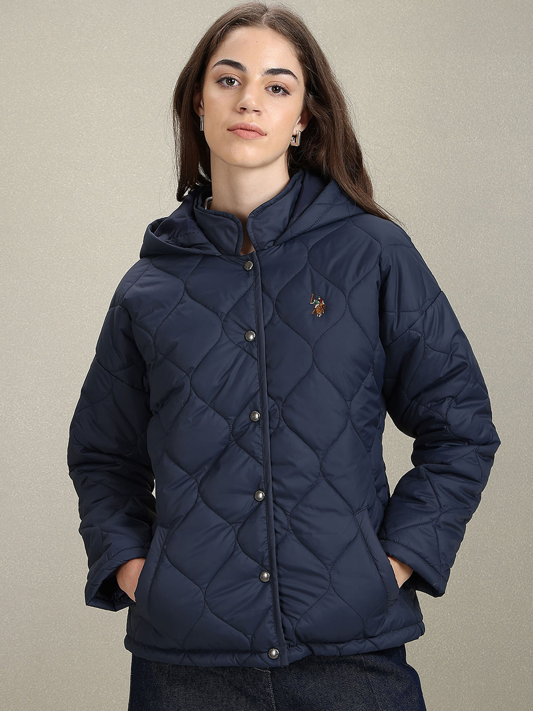 

U.S. Polo Assn. Women Hooded Quilted Jacket With Patchwork, Navy blue